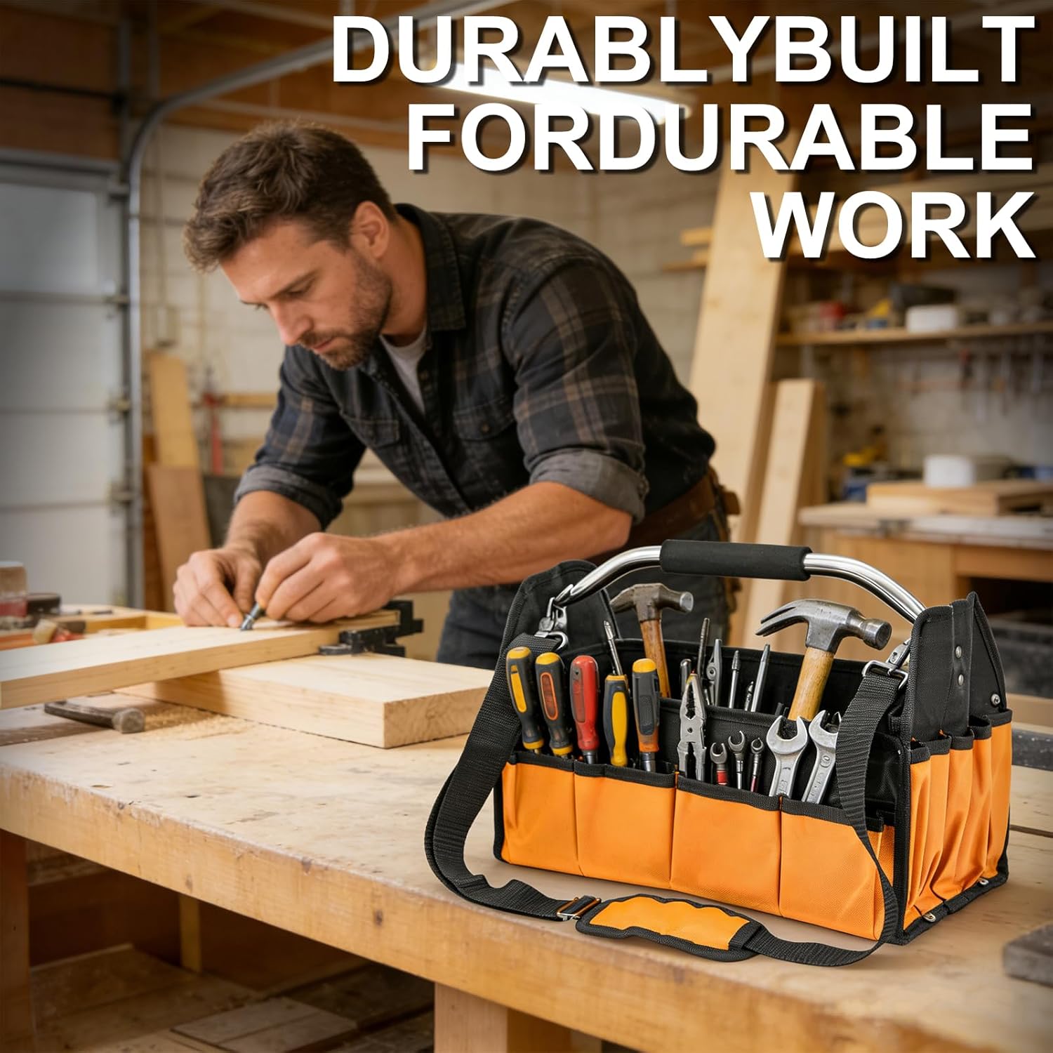 Collapsible Car Detailing Caddy Organizer, 16" Oxford Cloth Caddy with Handle & Strap, Multi-Pockets Storage Tote for Car Care Supplies, Garage Tools & Home Cleaning