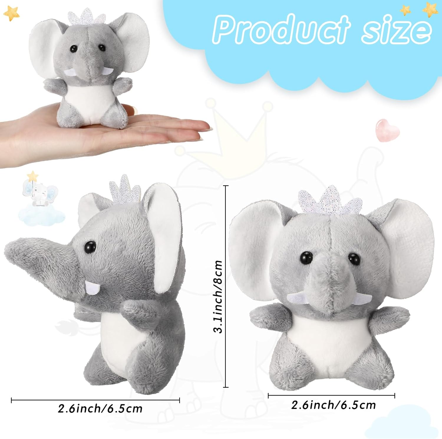 Wettarn 24 Pcs Mini Stuffed Animals Gifts Small Cute Plush Toys for Women Day Classroom Birthday Party Favors, 3.1 Inch(Elephant,Gray)