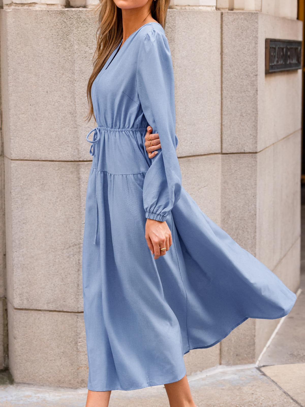 CUPSHE Abito da donna autunnale per matrimoni, con scollo a V, maniche lunghe, con coulisse, increspato, casual, fluido, elegante, per feste