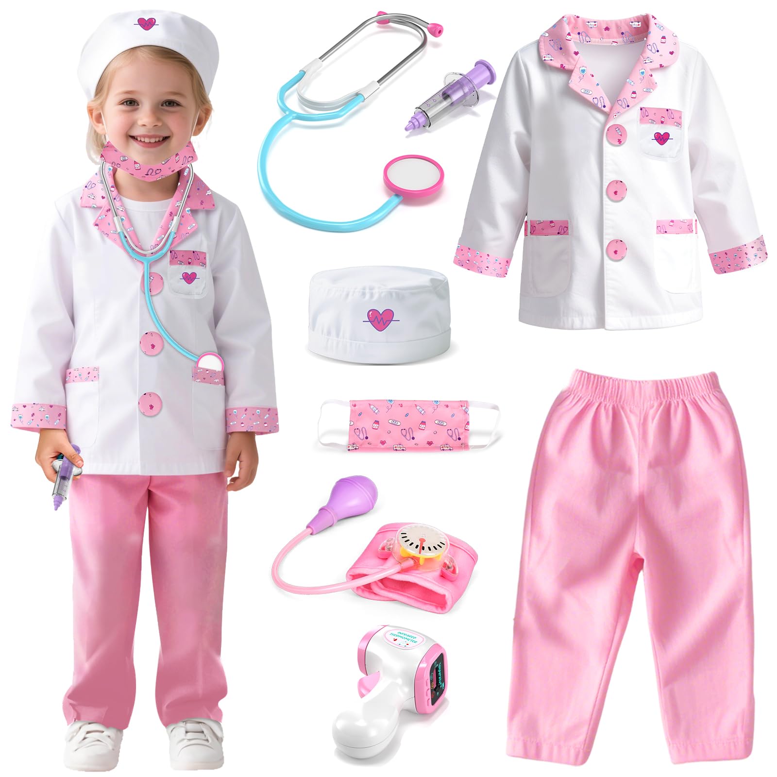 Lehoo Castle Doctor Costume for Kids, Doctor Dress Up and Play Set 8 PCS with Stethoscope, Role Play Costume for Toddlers 4-6