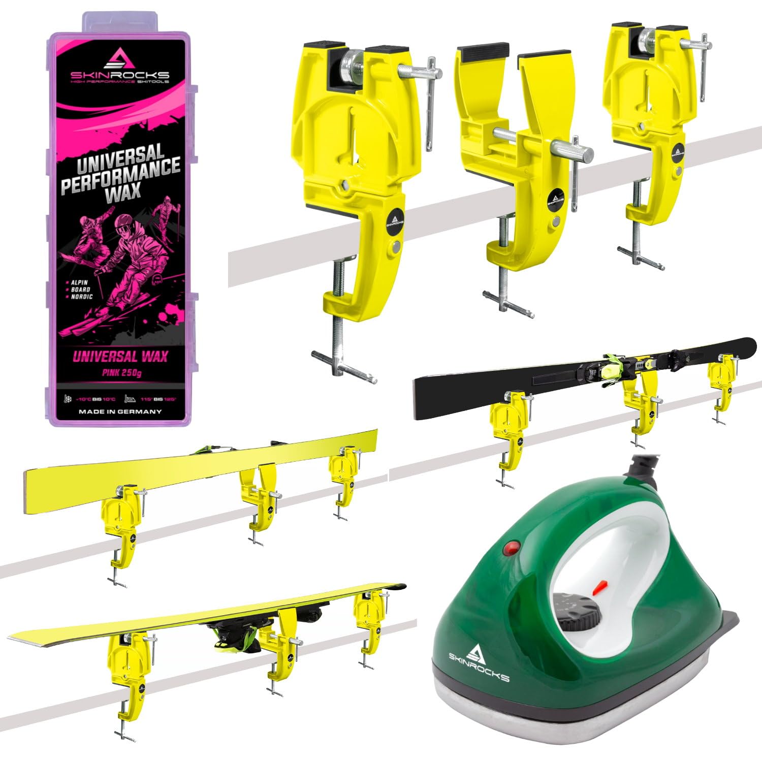 SkinRocks Set di cera da sci, 3 pezzi, ferro da stiro, universale, per sci, colore: giallo