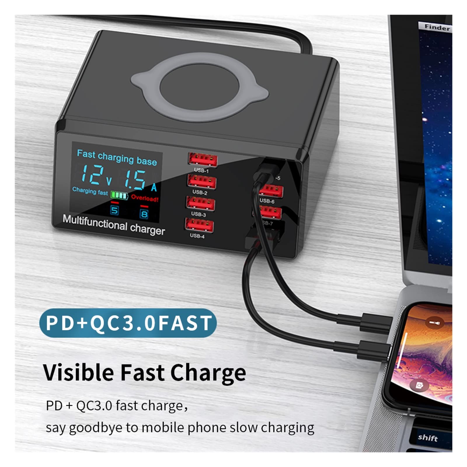 JIFOME Caricatore USB Caricabatterie Wireless da 100 W PD Caricabatterie USB for Caricabatterie rapido Stazione di Ricarica for Caricabatterie rapido con Display LCD