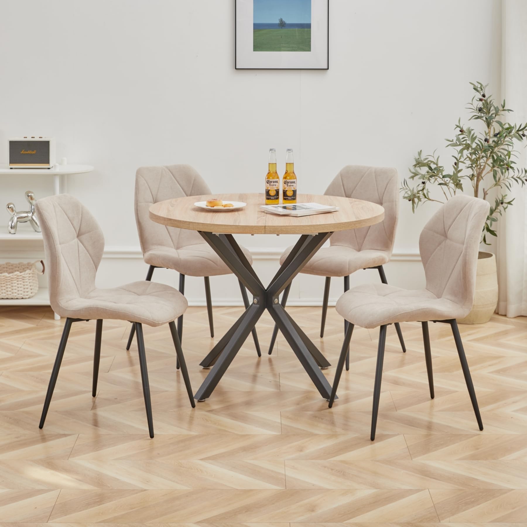 Conjunto de mesa de comedor redonda con 4 sillas tapizadas beige