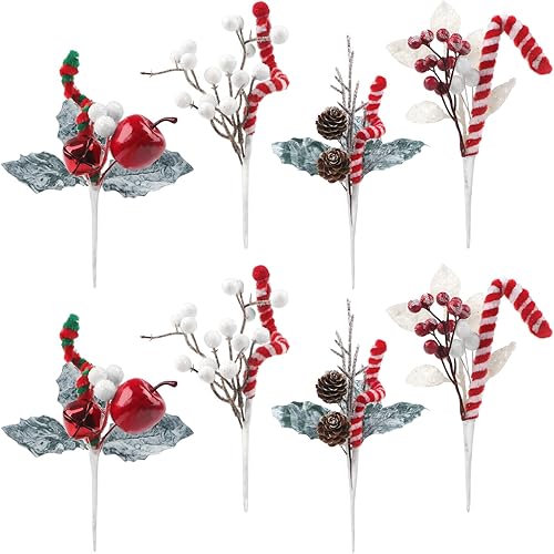 Jangostor 6 púas florales de Navidad para bastones de caramelo de Navidad, púas de bayas artificiales con cascabeles, piñas de pino, hojas de acebo
