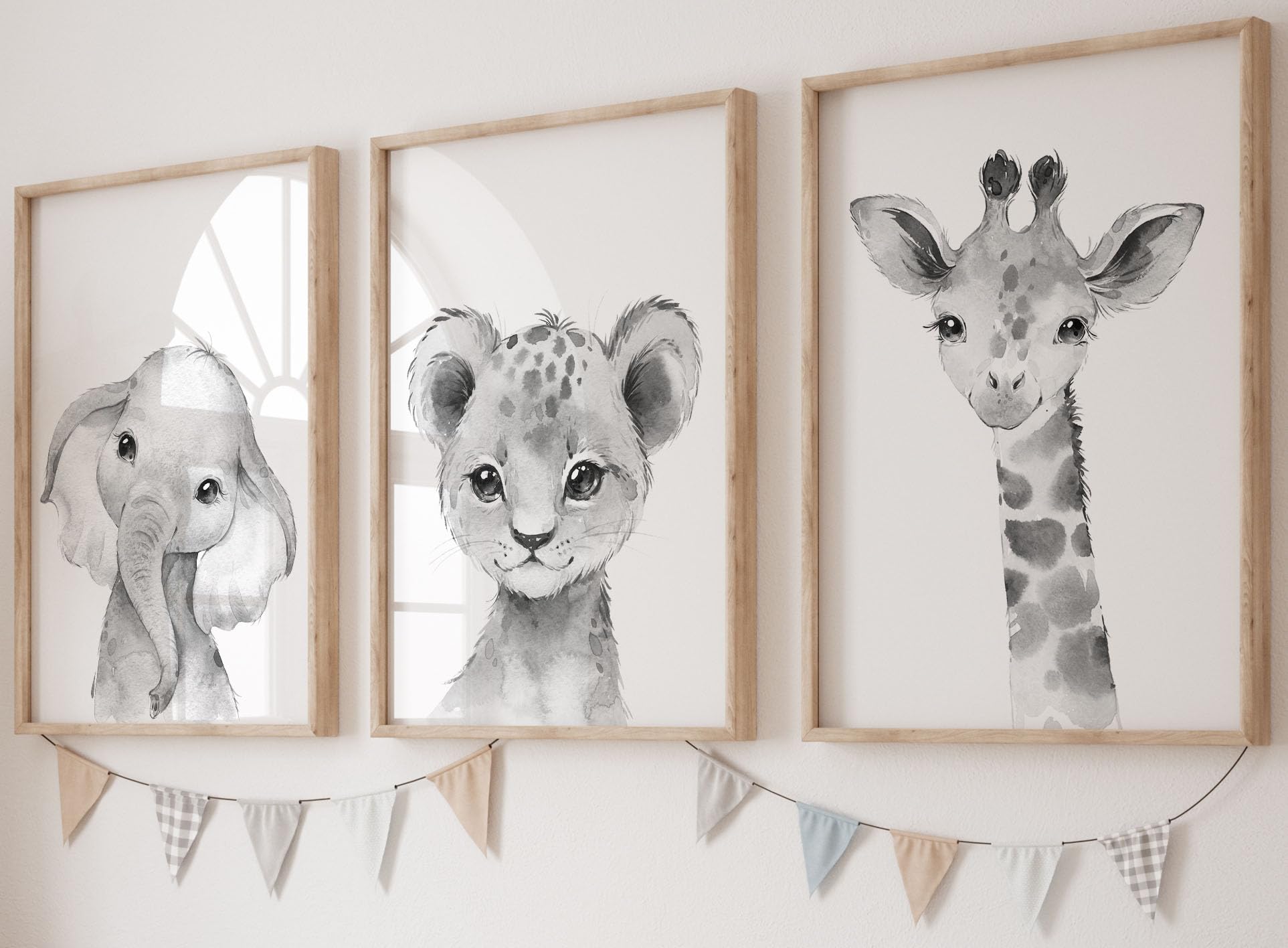 Eviepops Prints Safari Animals Greyscale Set of 3 Unframed Poster Prints For Baby Girl or Boy Nursery Bedroom, JUngle Safari Bedroom Decor Wall Art Posters, Elephant Giraffe Lion (A3) โ image 1