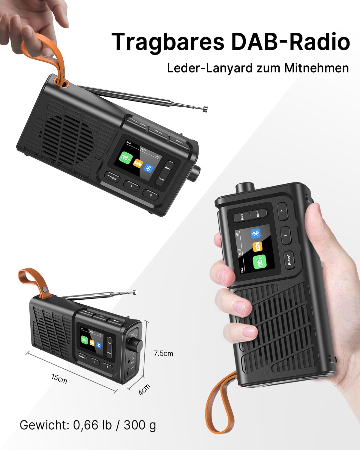 Tragbares DAB+/FM Radio mit Bluetooth, Küchenradio mit Kabel oder 2200mAh Akkubetrieb, UKW Digitalradios mit Kopfhöreranschluss, Dual Wecker, 40 Voreingestellte, Farbdisplay
