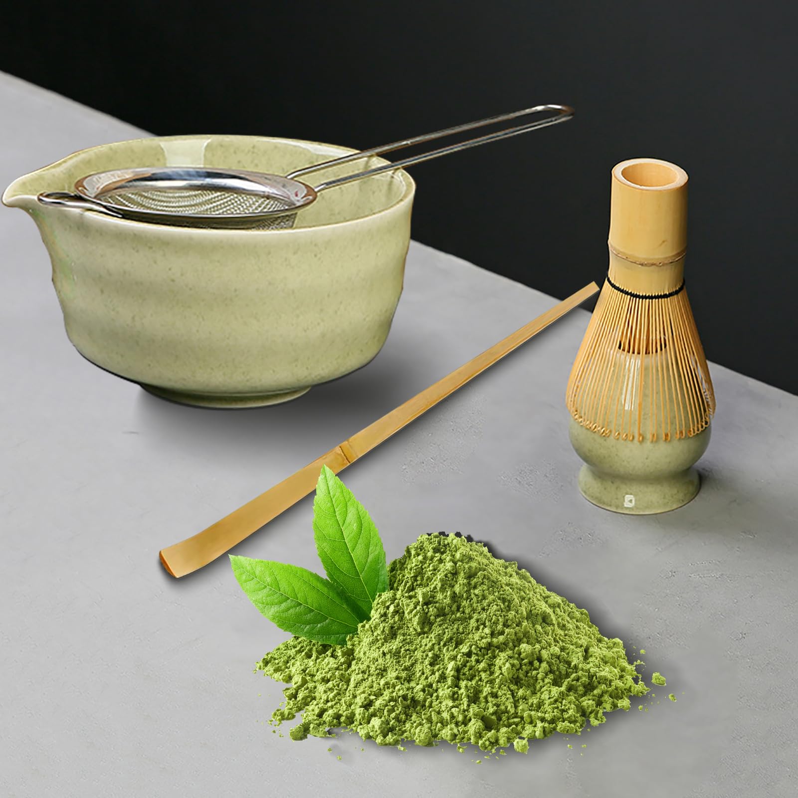 5-częściowy zestaw do matchy, japońska ceramiczna miska do matchy z dzióbkiem, miotłą do matchy, łyżką do matchy i sitkiem, tradycyjny zestaw akcesoriów do ceremonii herbaty, wysokiej jakości