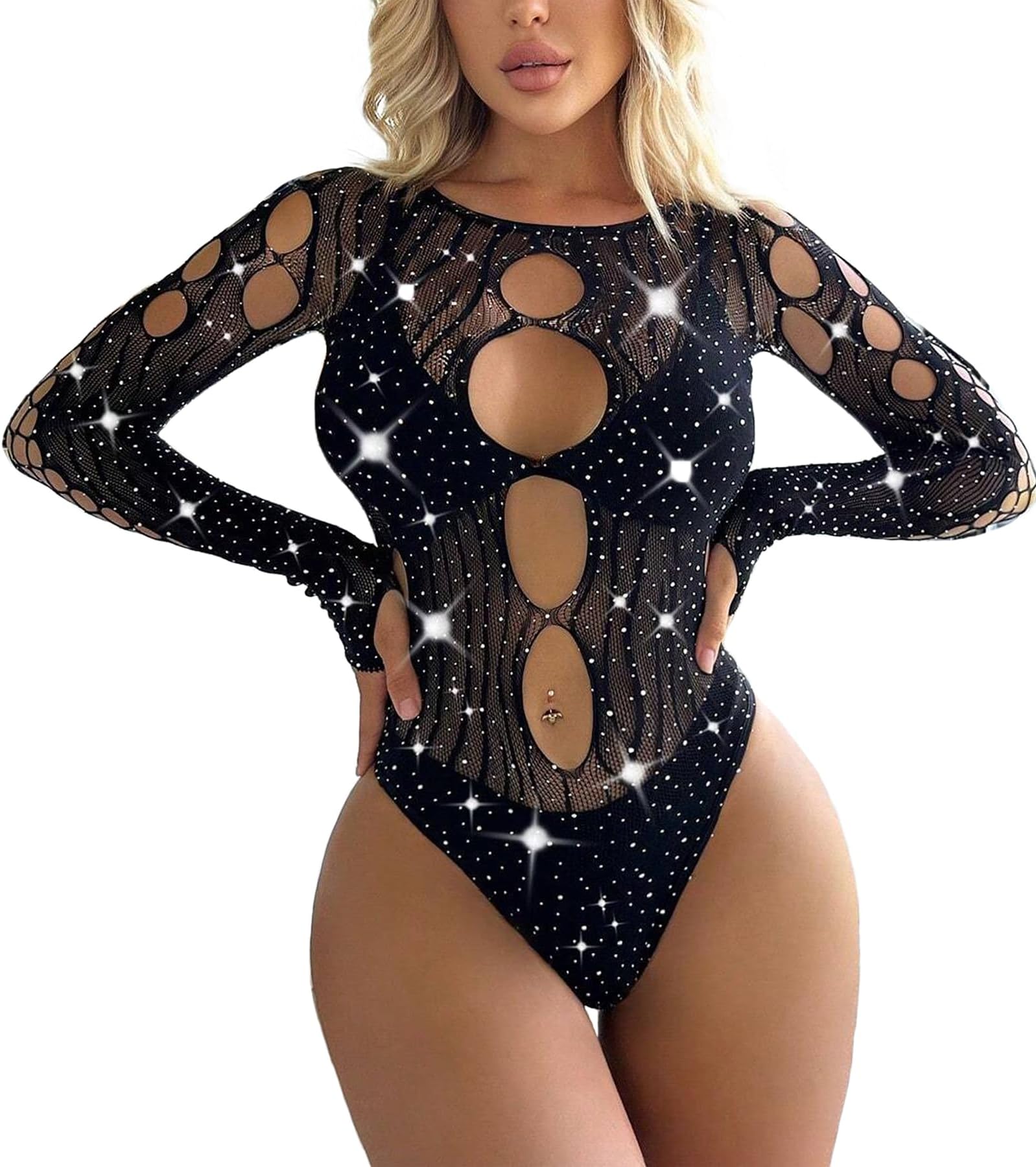 Avidlove Women's Lingerie Rhinestone Fishnet Bodysuits Sexy Body Suit Mesh Top Rave Outfits One Piece Teddy Lingerie