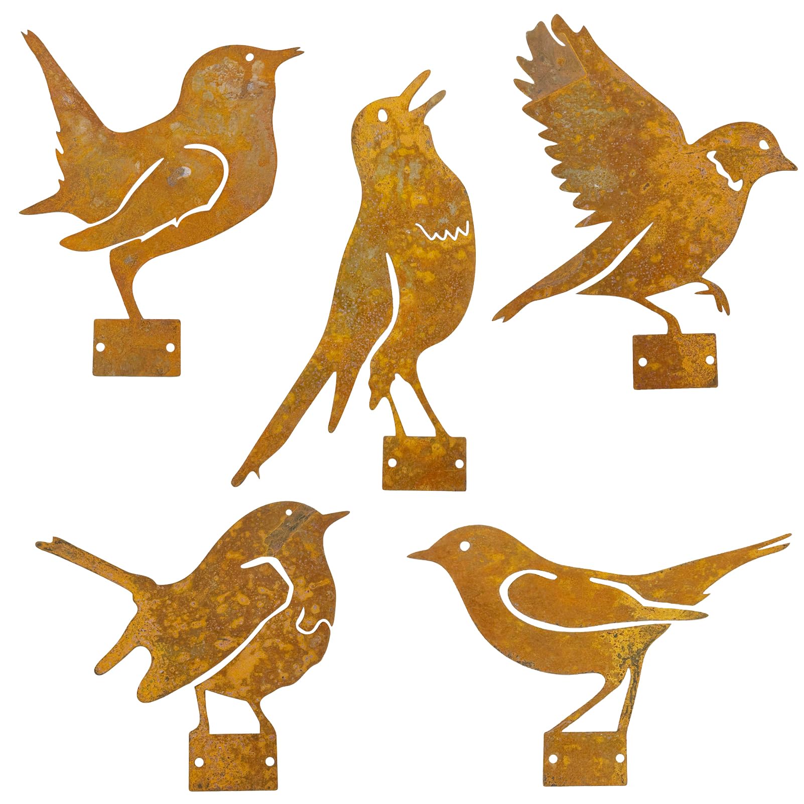 LWINGFLYER Stück rostige Vögel Edelrost Metall Vogel Dekoration mit rostiger Patina und Befestigungsschrauben MEdelrost Metall Vogel Stecker Gartendeko Rostoptikrustikale Zaun Dekorationen（5PCS）