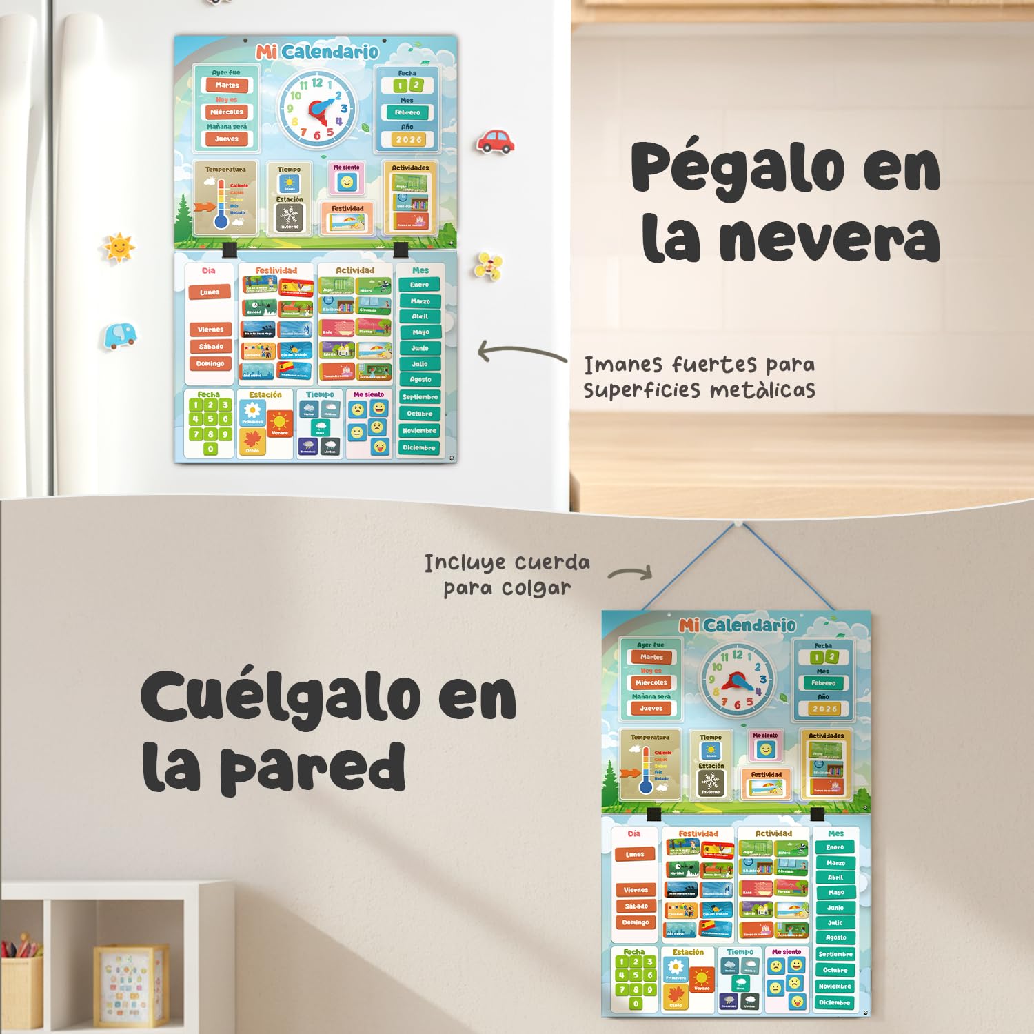 Mi Primer Calendario de SmartPanda - Juguete Educativo Magnético para Niños o Niñas - Incluye Reloj, Estación Meteorológica, Actividades y Emociones – para Pared o Frigorífico – en Español