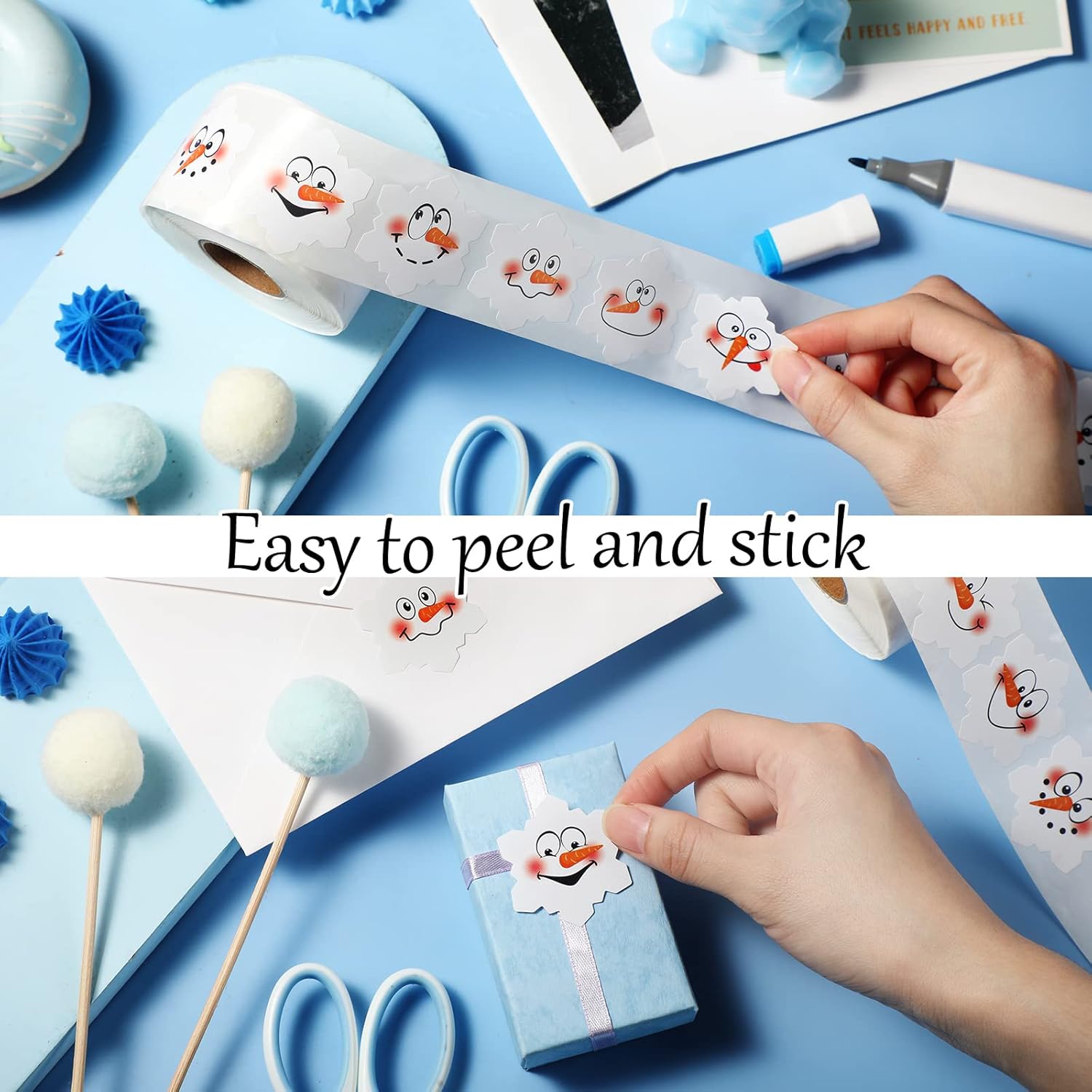 Zonon 600 Pieces 1.5 Inch Christmas Snowflake Snowman Stickers Winter Face Roll Holiday Seal Card Labels Classroom Teacher Reward, Faces Decals for Kids Xmas Winter Birthday Party Favor