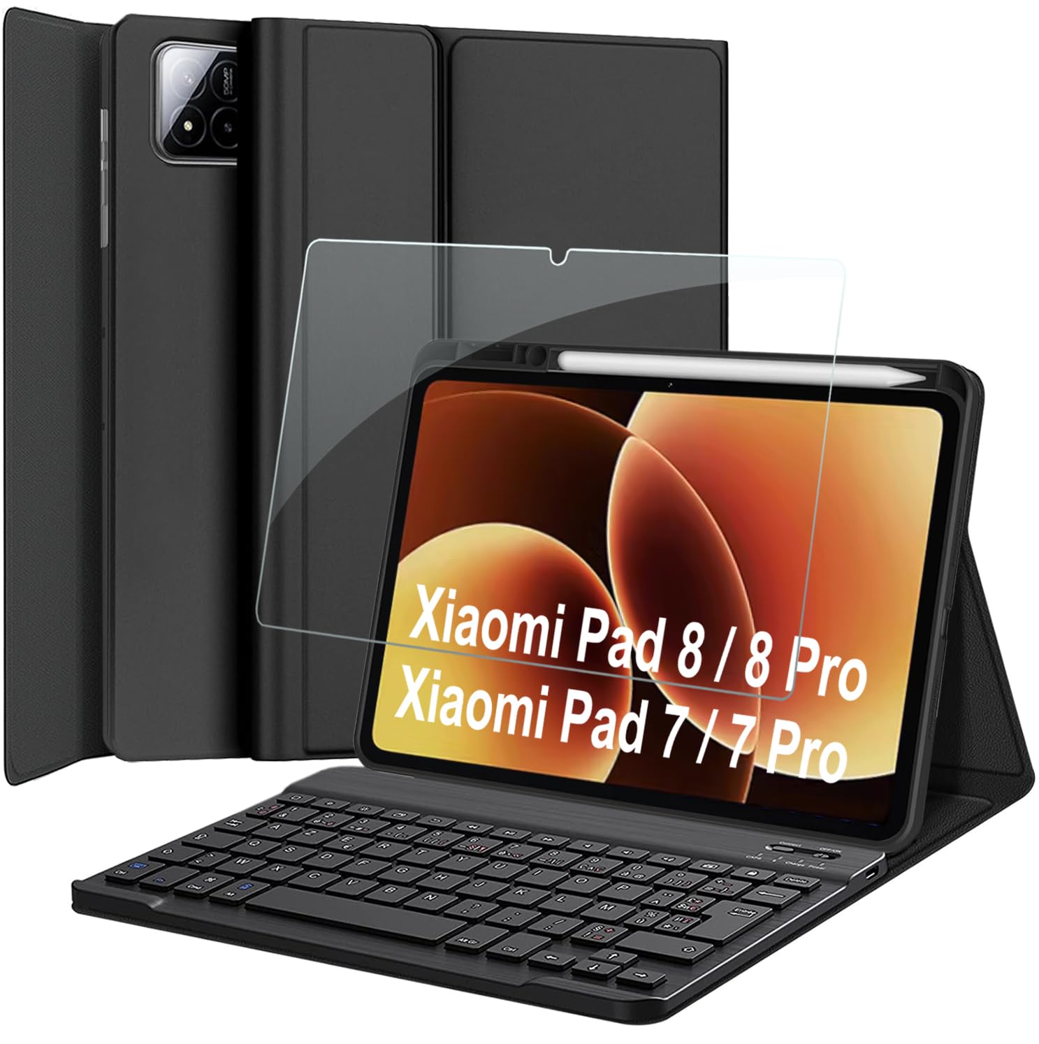 Clavier Coque + Verre Trempé pour Xiaomi Pad 7/ Pad 8/ Pad 7 Pro/Pad 8 Pro 11.2 Pouces, AZERTY Français Amovible Bluetooth sans Fil Clavier Étui Housse avec Protection écran (Xiaomi Pad 7)
