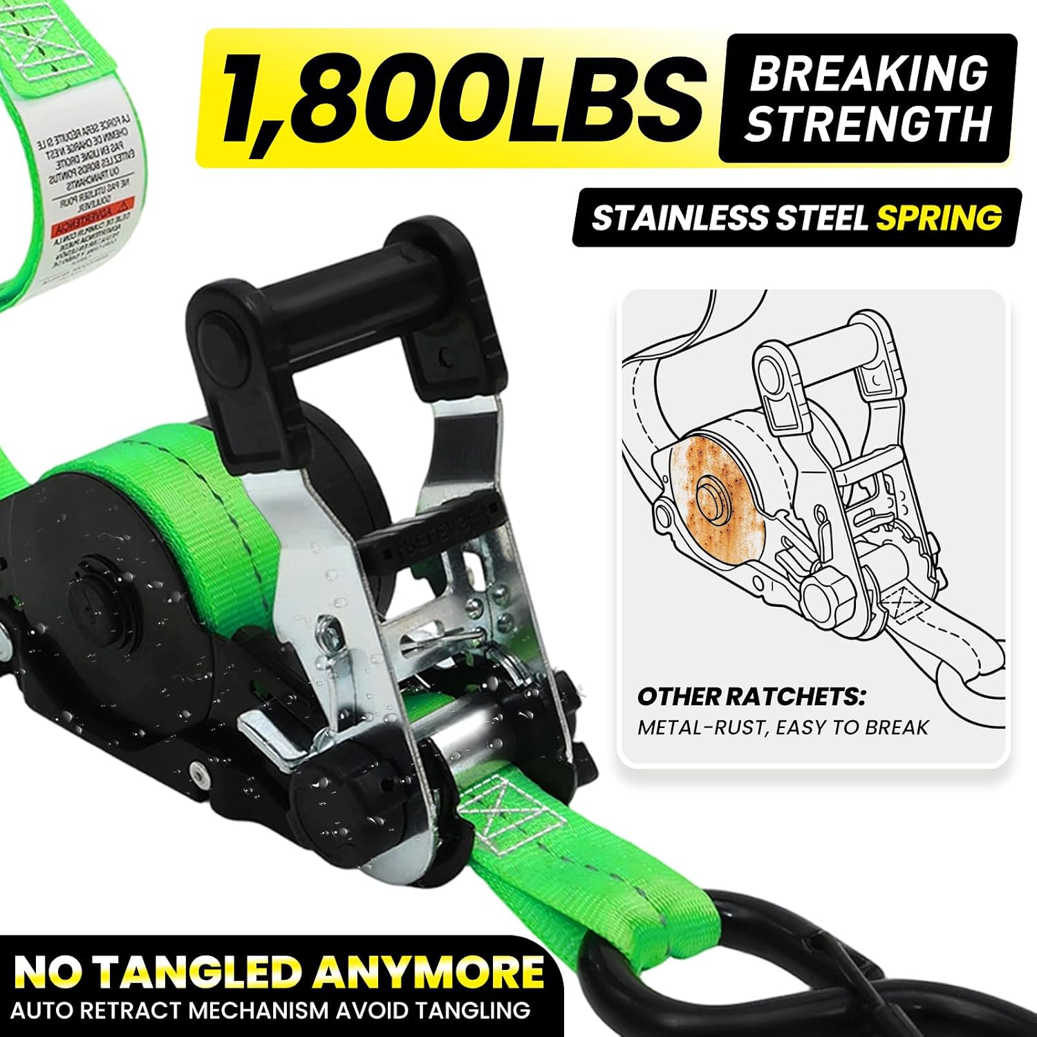 Retractable Ratchet Straps (4pk) - 1 inch x 12 feet (1800lb Break Stength) - Heavy Duty Retractable Straps - Self Retracting Tie Downs with Soft Loops - Auto Ratchet Straps for Truck, Motorcyle, UTV