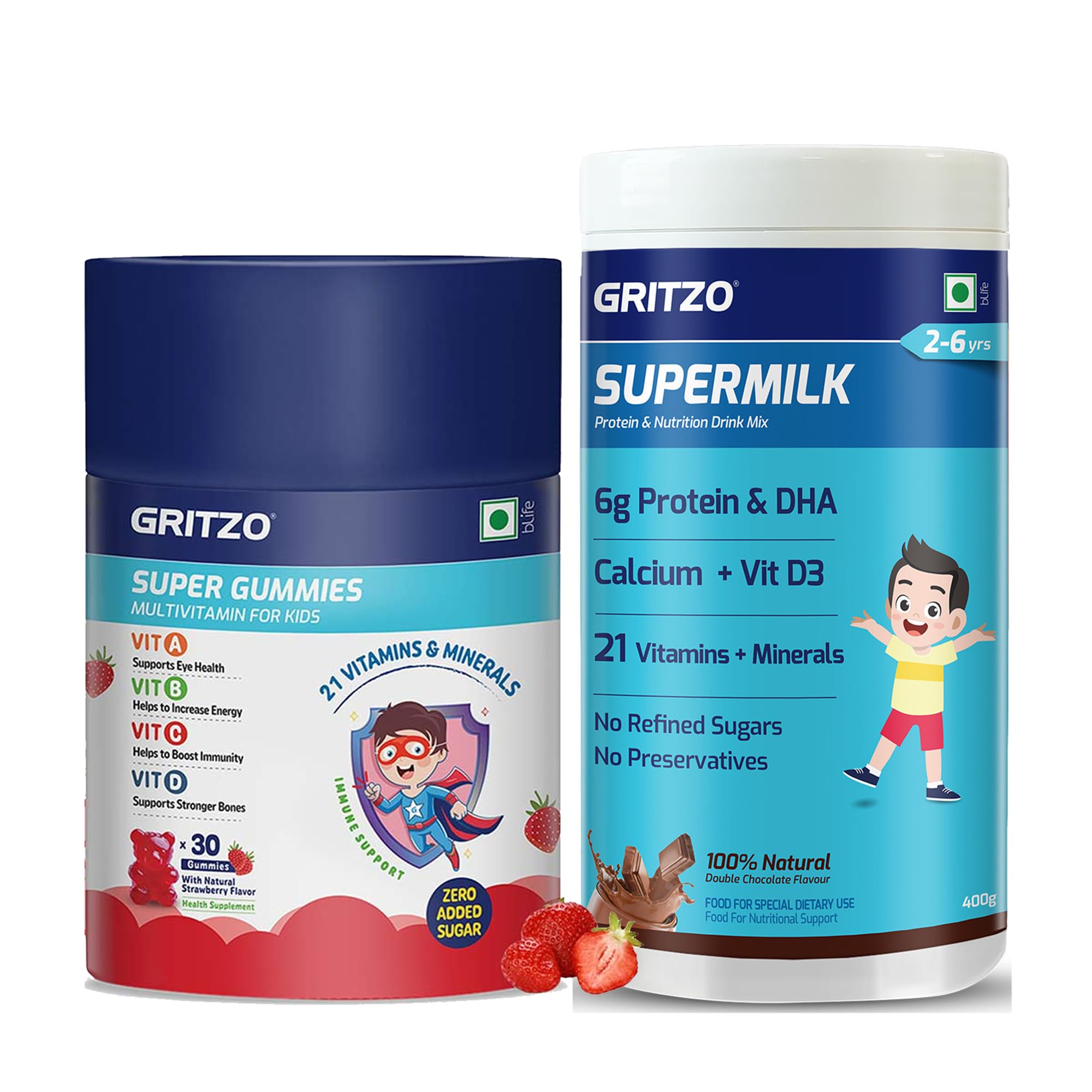 Gritzo SuperMilk Overall Growth (2-6y) Powder with Super Gummies (Double Chocolate, 400g & Strawberry, 30 Gummies) (Combo Pack)