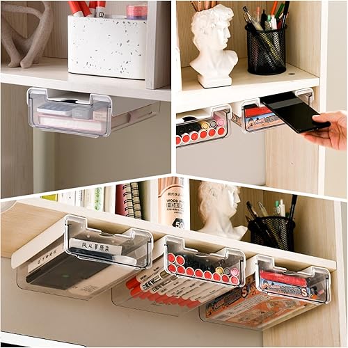 Miniatura 7 de RHBLME Paquete de 5 cajones debajo del escritorio, cajones para debajo del estante deslizables autoadhesivos, accesorios de cajón de escritorio