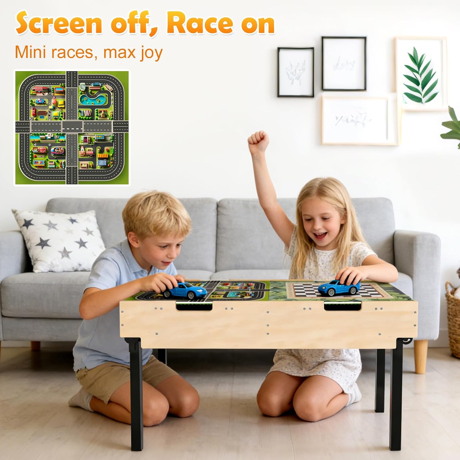 Kids Activity Table with Storage Organizers Compatible with Lego Building Block,3 in1 Construction+Train+Chess Toddler Play Table with Wheels Foldable Tables Legs for Under Bed or Sofa Storage,Natural