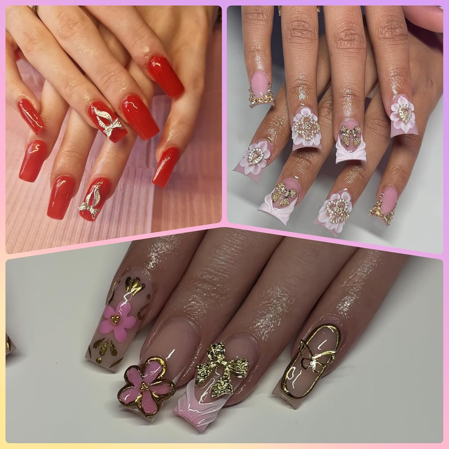 100Pcs Gold Nail Charms and Gems Charms for Nails Design Gold Charms for Nails Metal Bow Cherry Butterfly Cross Heart Star and Flowers - Image 7