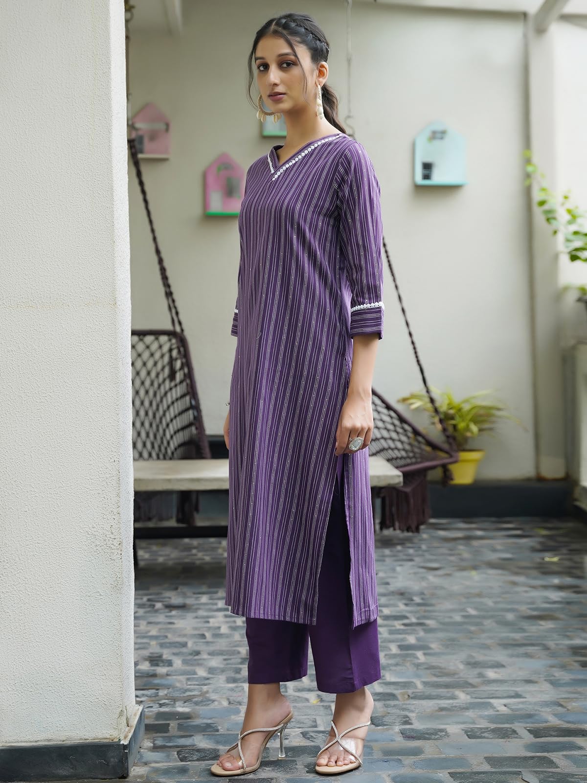 Sanisa Women's Cotton Woven Sequins Work Straight Kurta With Pant And Dupatta Set (214Kbd2263N-S_Purple & White)
