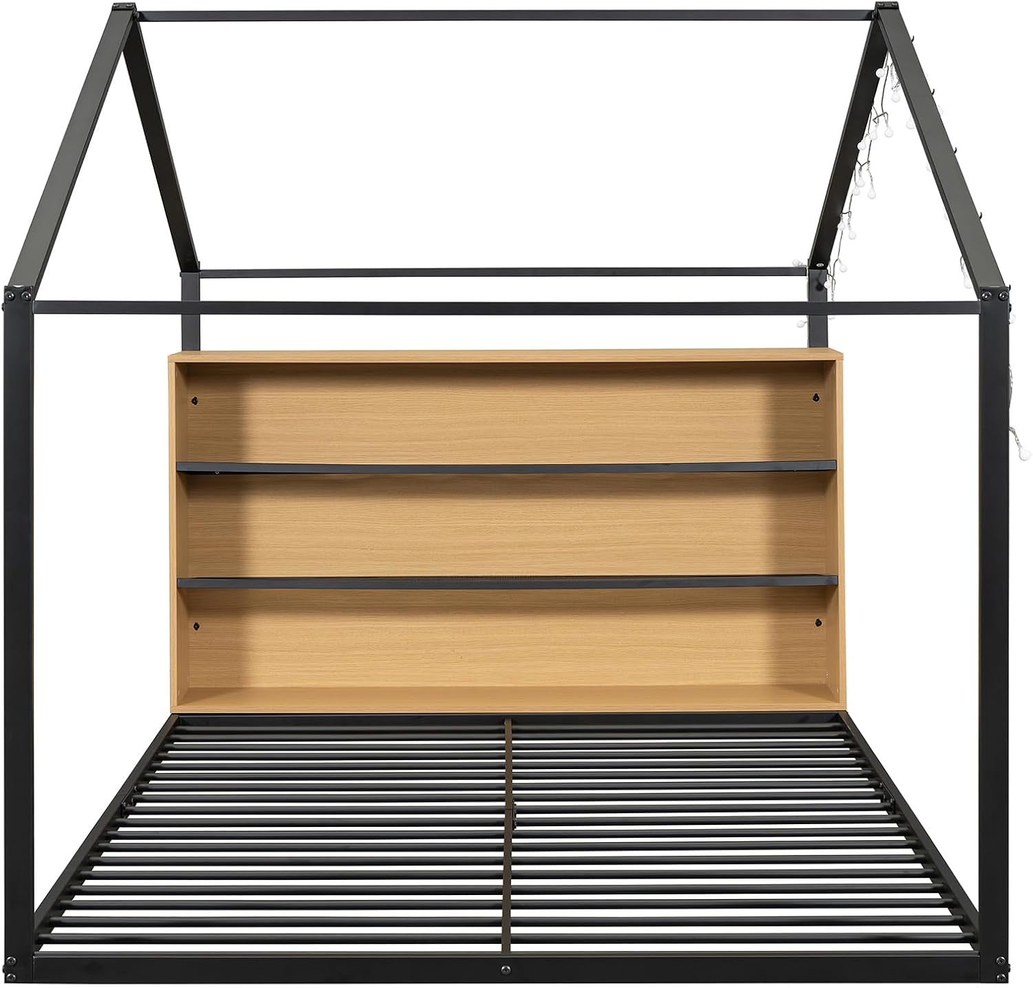 Full Size Floor Bed with Shelves and Lights, Montessori Metal House Bed Frame for Boys and Girls, Kids Playroom, No Box Spring Needed,Black