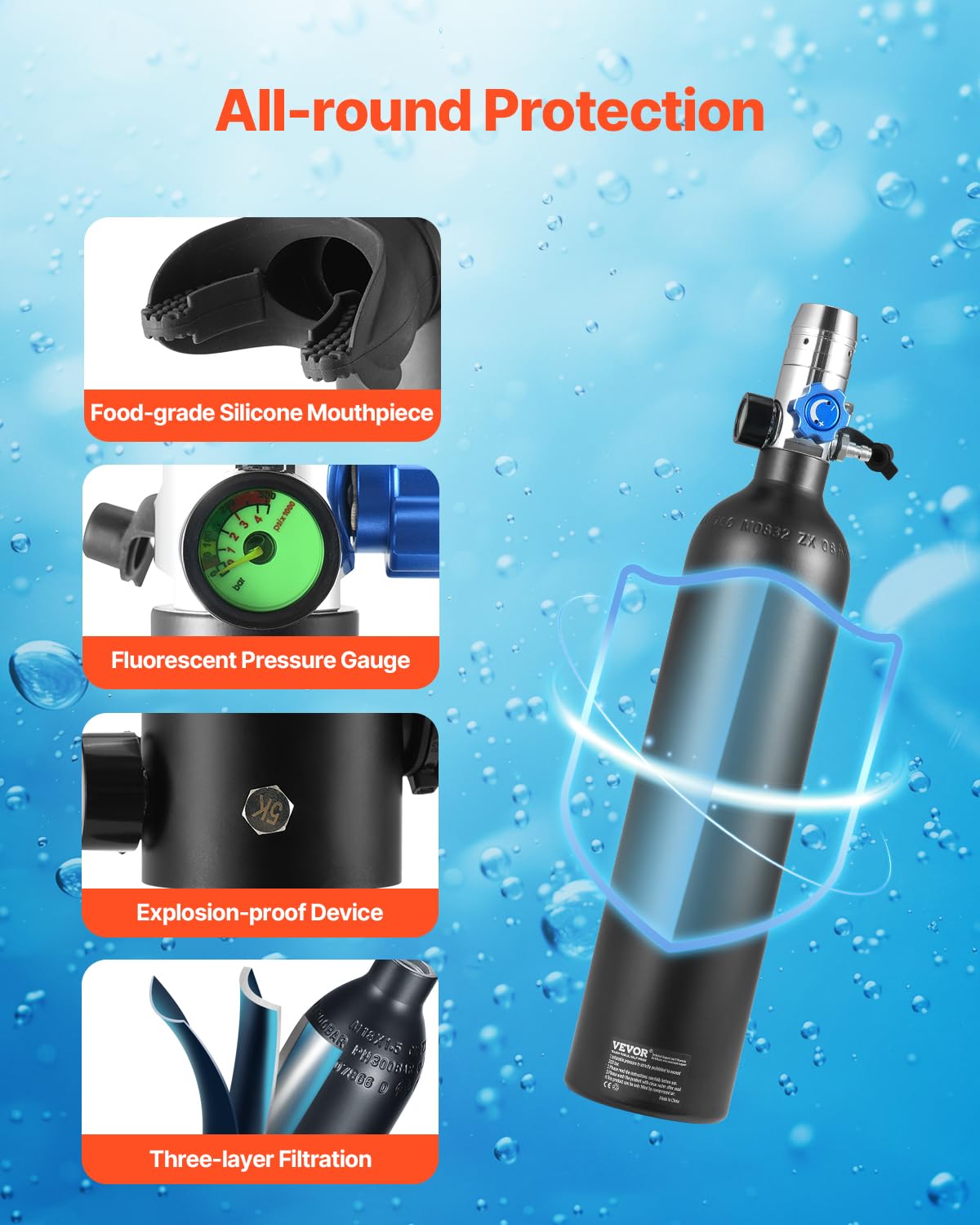 VEVOR Bombola Subacquea Portatile, capacità del Cilindro 1 L Bombola di Ossigeno per Immersioni, Supporta 15 a 20 Minuti di Respirazione Subacquea, profondità di Immersione 30 m con Pompa, Nero