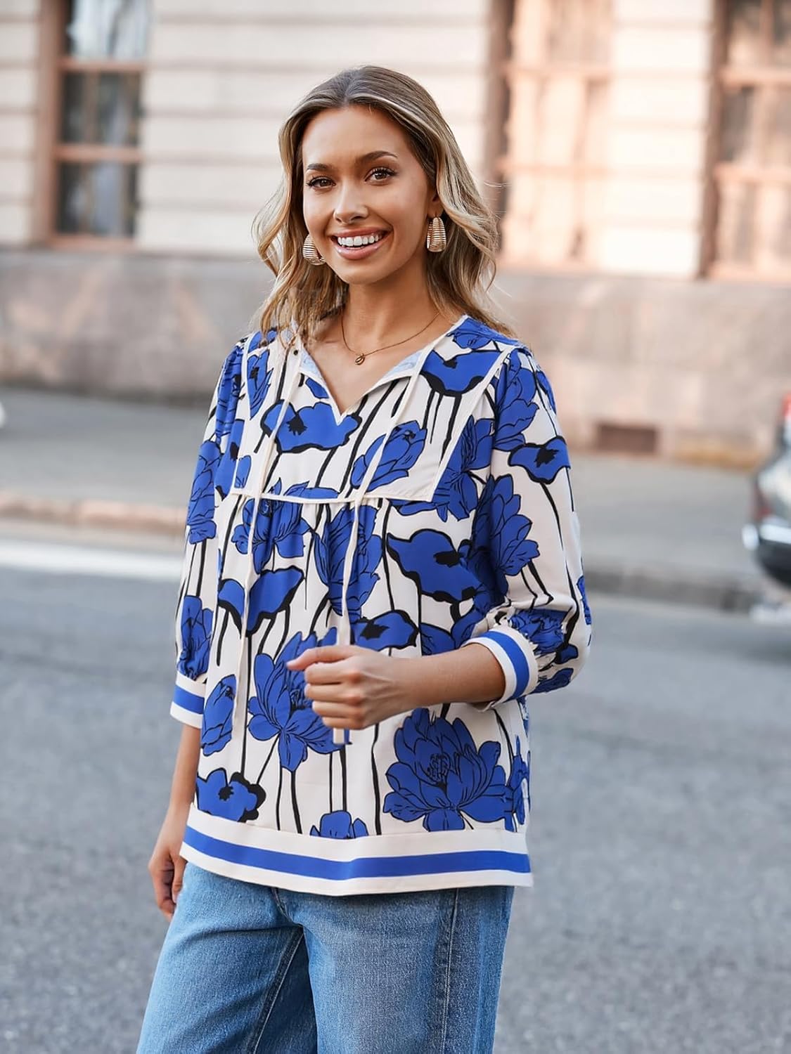 Cicy Bell Womens Floral Print Babydoll Blouse V Neck 3/4 Sleeve Peplum Tops Casual Loose Fit Boho Flowy Shirts - Image 3