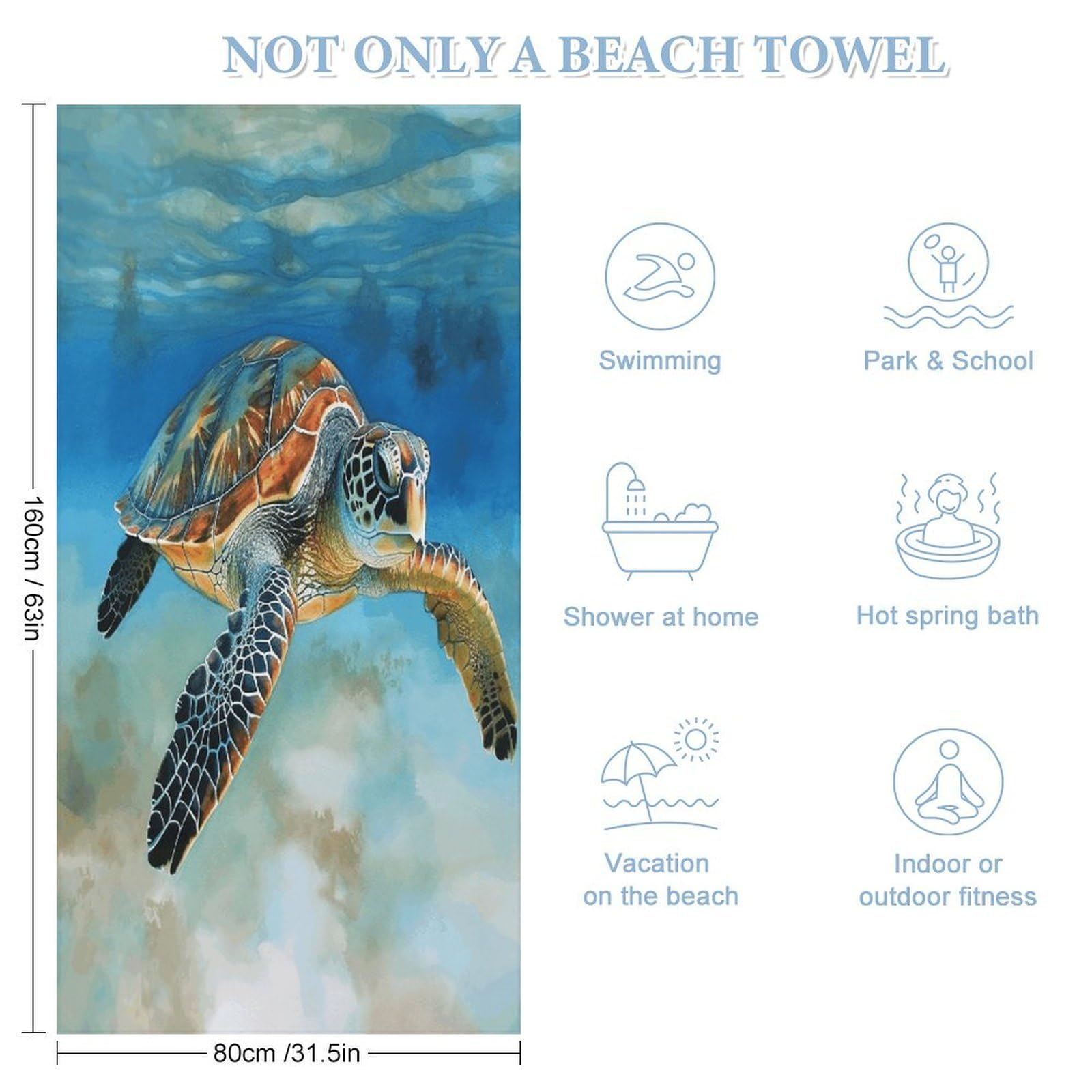 Sea Turtle - 3 toallas de baño unisex, toalla de playa ligera de secado rápido, toalla de baño para viajes, deportes, piscina, baño, camping, yoga, adultos, 160 x 80 cm