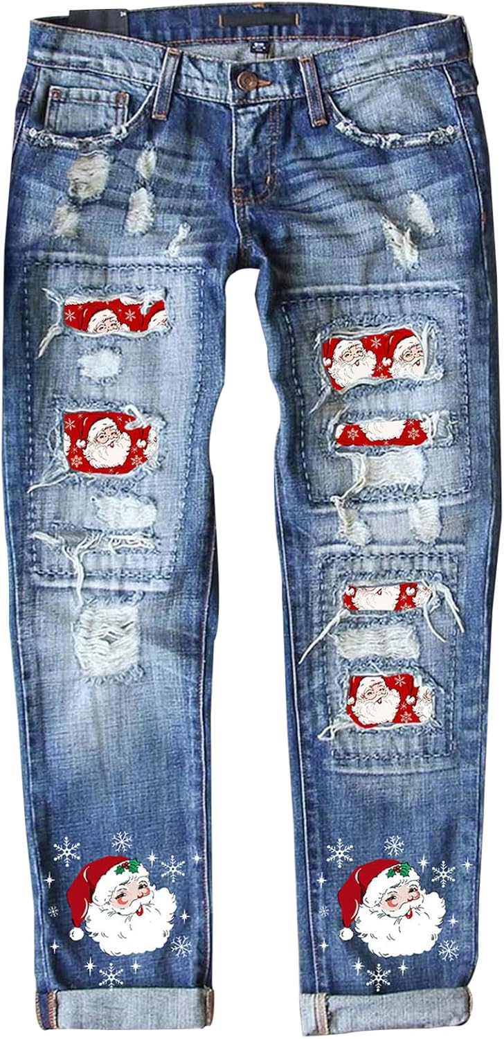 EVALESS Ripped Jeans for Women Plaid Patch Boyfriend Skinny Distressed Denim Jean Pants