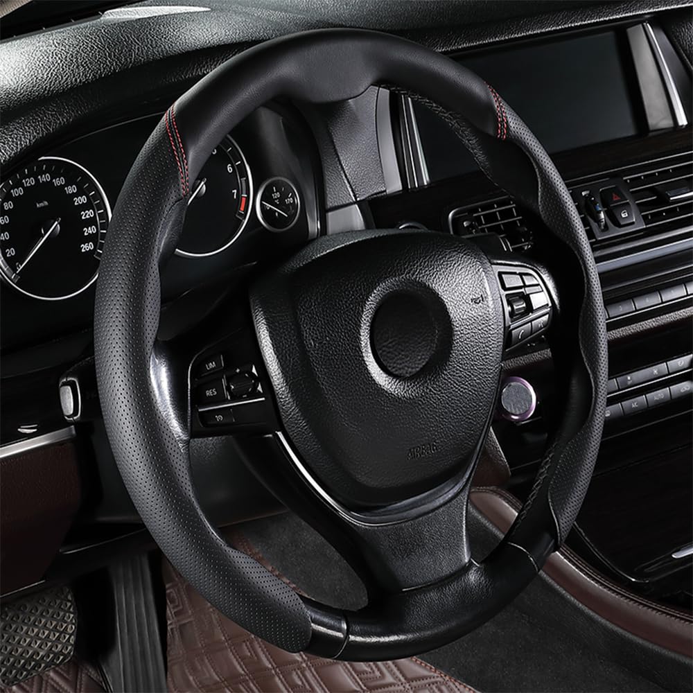 EIING ハンドルカバー 車用 軽自動車 5Dグリップ ステアリングカバー 本革 汎用 おしゃれ 通気性がよい 汚れ防止 滑り防止 オールシーズン対応 普通車 ハンドル 保護カバー 超薄型 S・M兼用 内装パーツ 車用品 車アクセサリー D型 円形 取付簡単7005-105 (ブラック)
