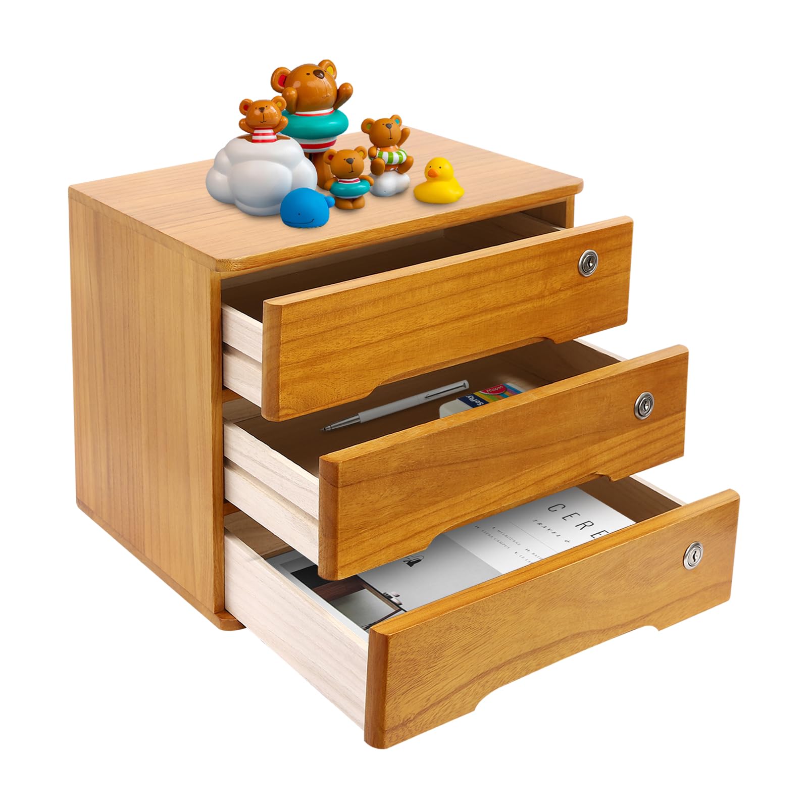 Organizador de escritorio de madera con cajones, espacio de trabajo en el hogar, suministros de oficina, caja de almacenamiento de escritorio de madera, organizador con cerradura con 3/4 cajones, caja