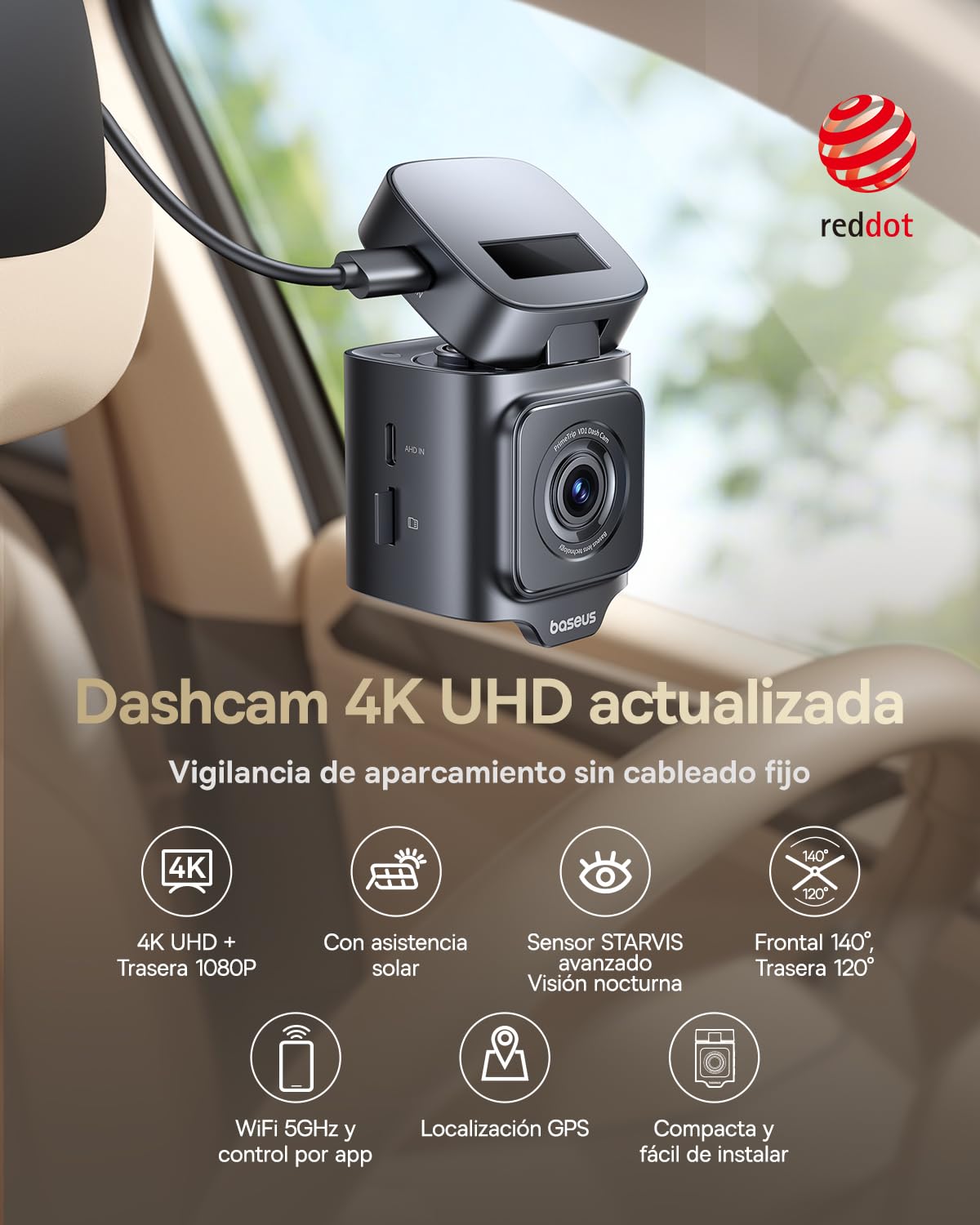 Baseus VD1 Pro Dashcam Cámara Coche Antivandálica 4K+1080p, Dash CAM Solar con Modo Parking Standby de Batería de 14 Días, Camara Vigilancia Coche con STARVIS, Wi-Fi 5 GHz, GPS, Tarjeta de 32 GB