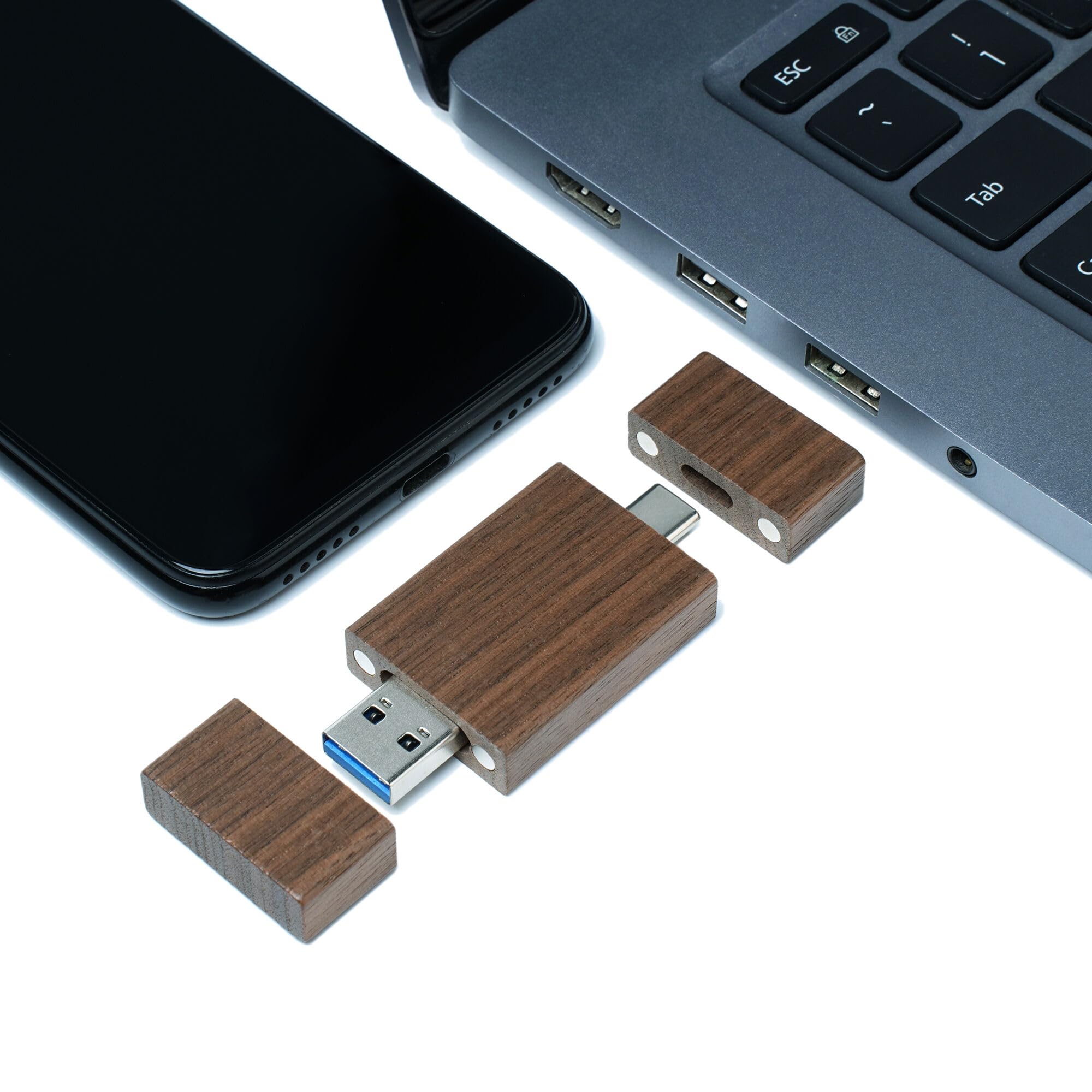 Confezione da 5 chiavette USB C da 8 GB, chiavetta USB 3.0 ad alta velocità, doppia OTG, in legno di noce, per TV, auto, smartphone, PC, laptop