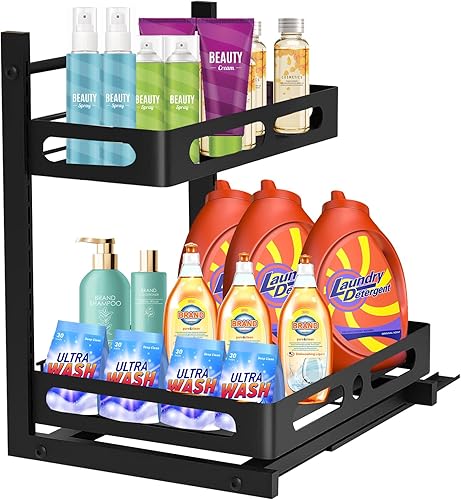 MQFORU Organizadores para debajo del fregadero de 2 niveles, almacenamiento extraíble para debajo del fregadero, para cocina, altura ajustable,