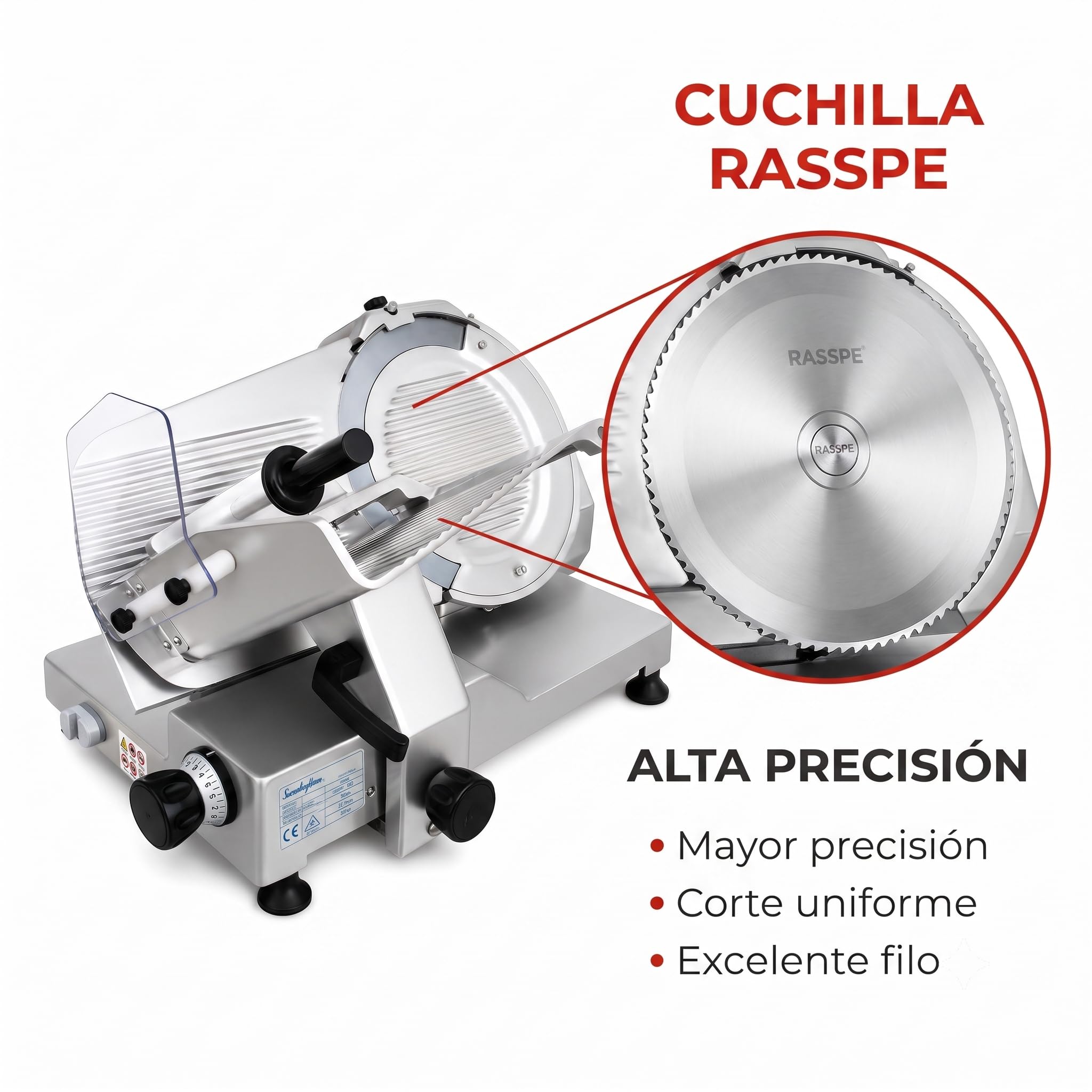 Cortadora de Fiambre Profesional SXE220 | Cortafiambres Eléctrico para Jamón y Embutidos | Cuchilla RASSPE 220 mm | Regulación 0-15 mm | Afilador Integrado | 240 W