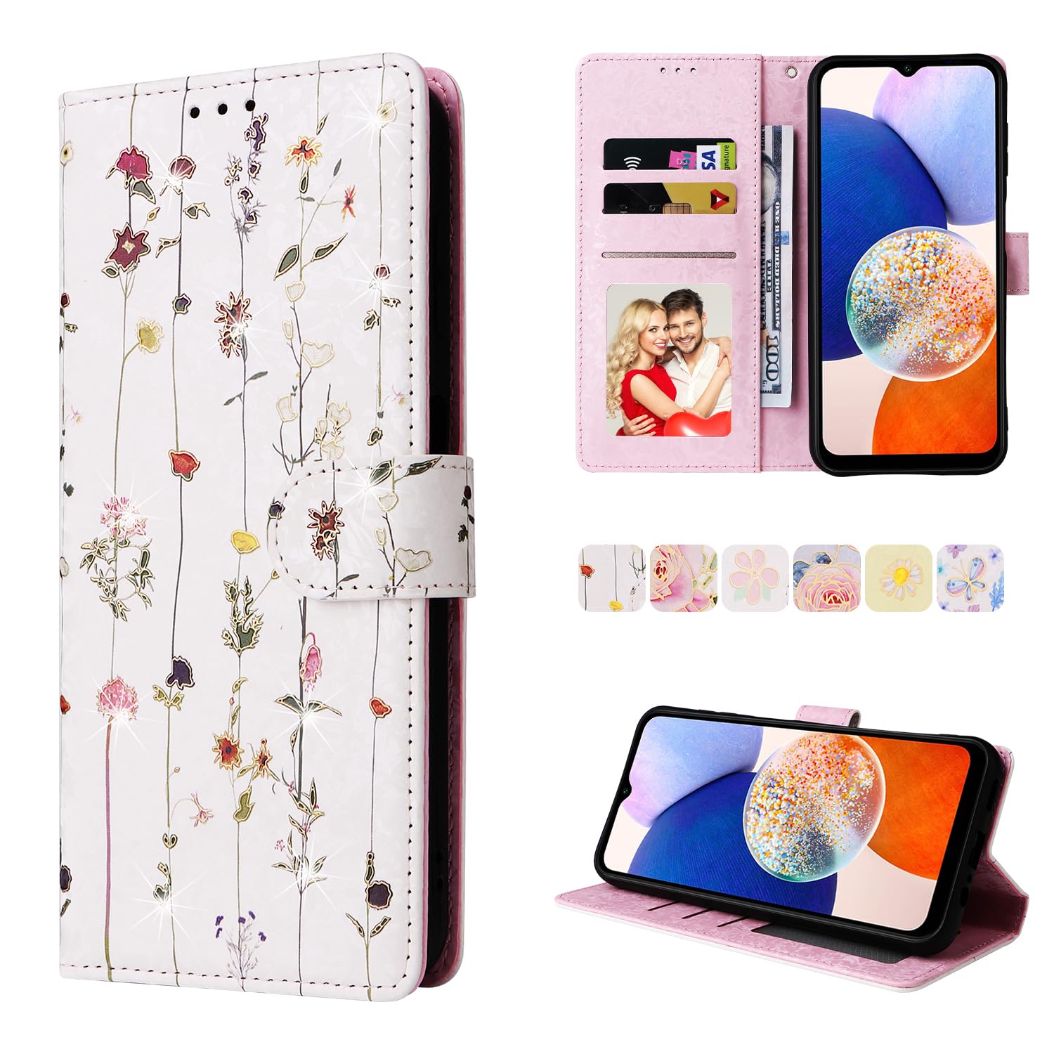 UEEBAI Wallet Case for Samsung Galaxy A35 5G, PU Leather Phone Case Kickstand RFID Blocking Flip Case Card Slots Wrist Strap Relief Engraved Pattern