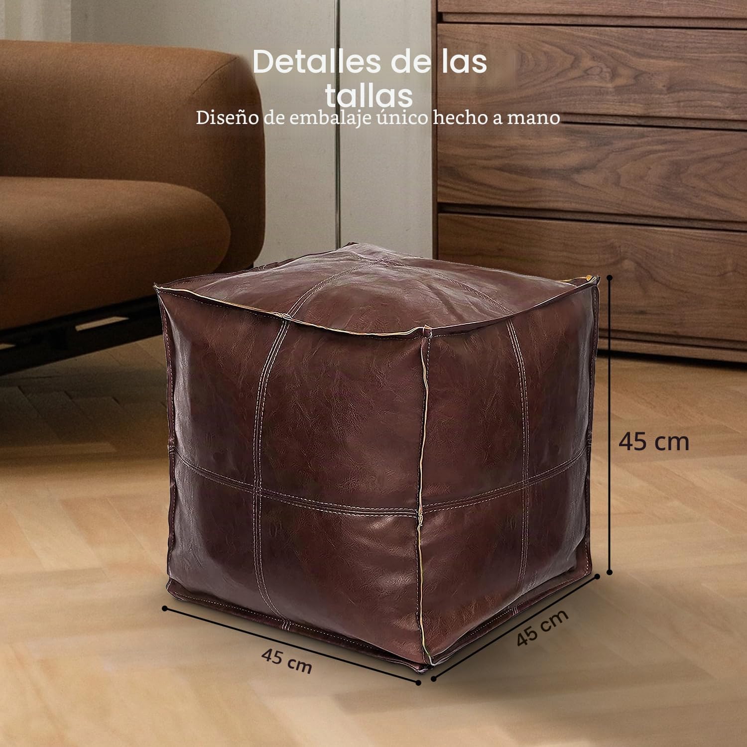 Louis Donne - Puf cuadrado de cuero sólido para sala de estar, puf cuadrado de algodón suave, solución de almacenamiento, reposapiés de pie, oficina al aire libre, marrón - 45 x 45 x 45 pulgadas