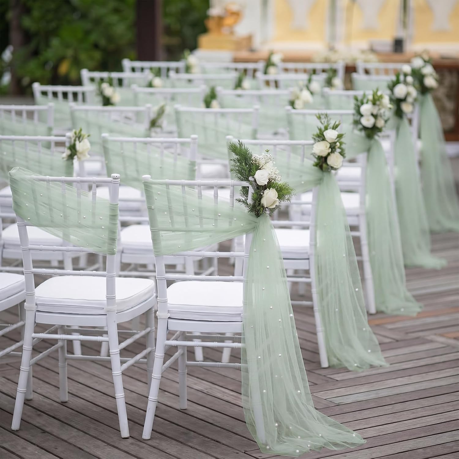Moukeren 16 Packs Sage Green Pearls Chair Sashes 8ft Sheer Fabric Wedding Aisle Chair Decorations Fabric Sheer Church Seat Slipcovers Drapes with Ribbon Tape for Party Banquet Wedding Bridal Shower