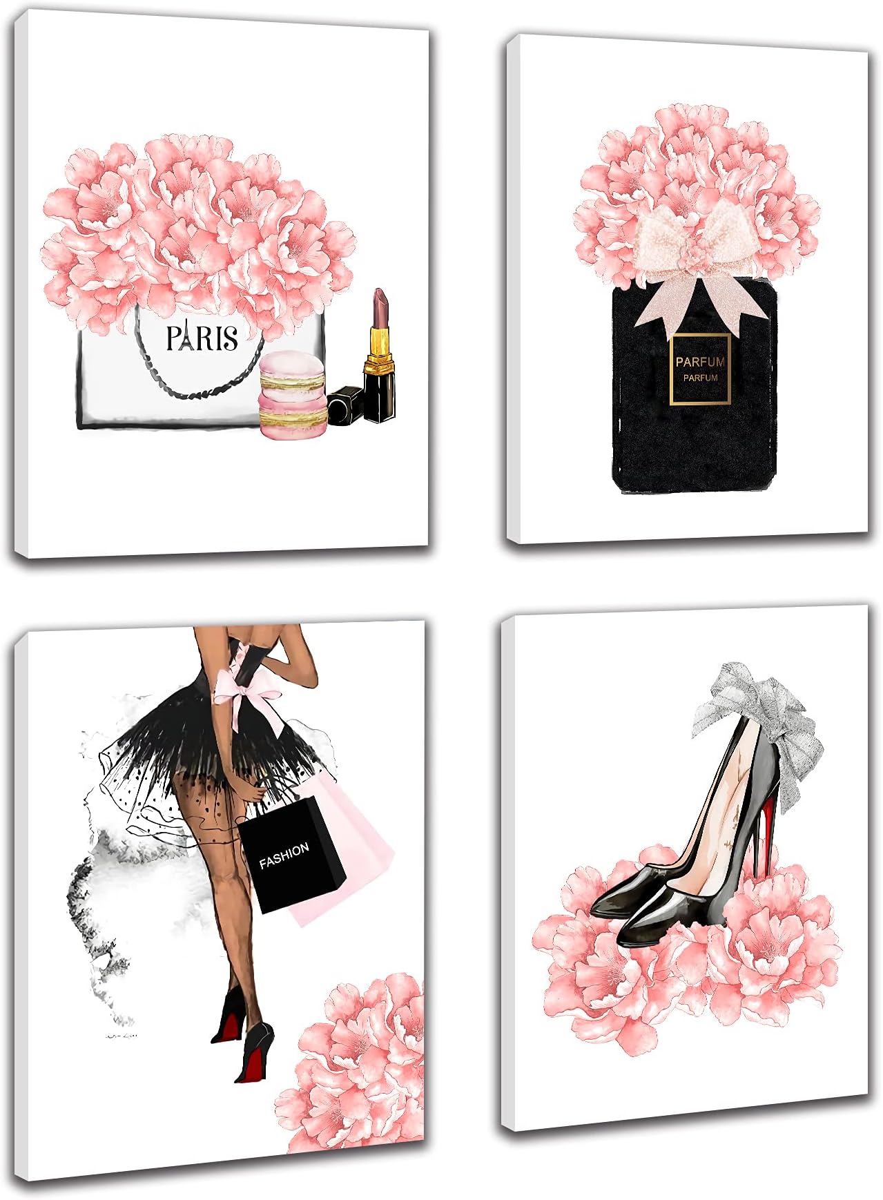 FRAMED Makeup Room Canvas Wall Art, Fashion Woman Picture , Perfume Handbags High Heels Lipstick Wall Paintings, Pink Gift for Girls Room Boudoir Decor Ready to Hang Set of 4, 8x10 in (Framed)…