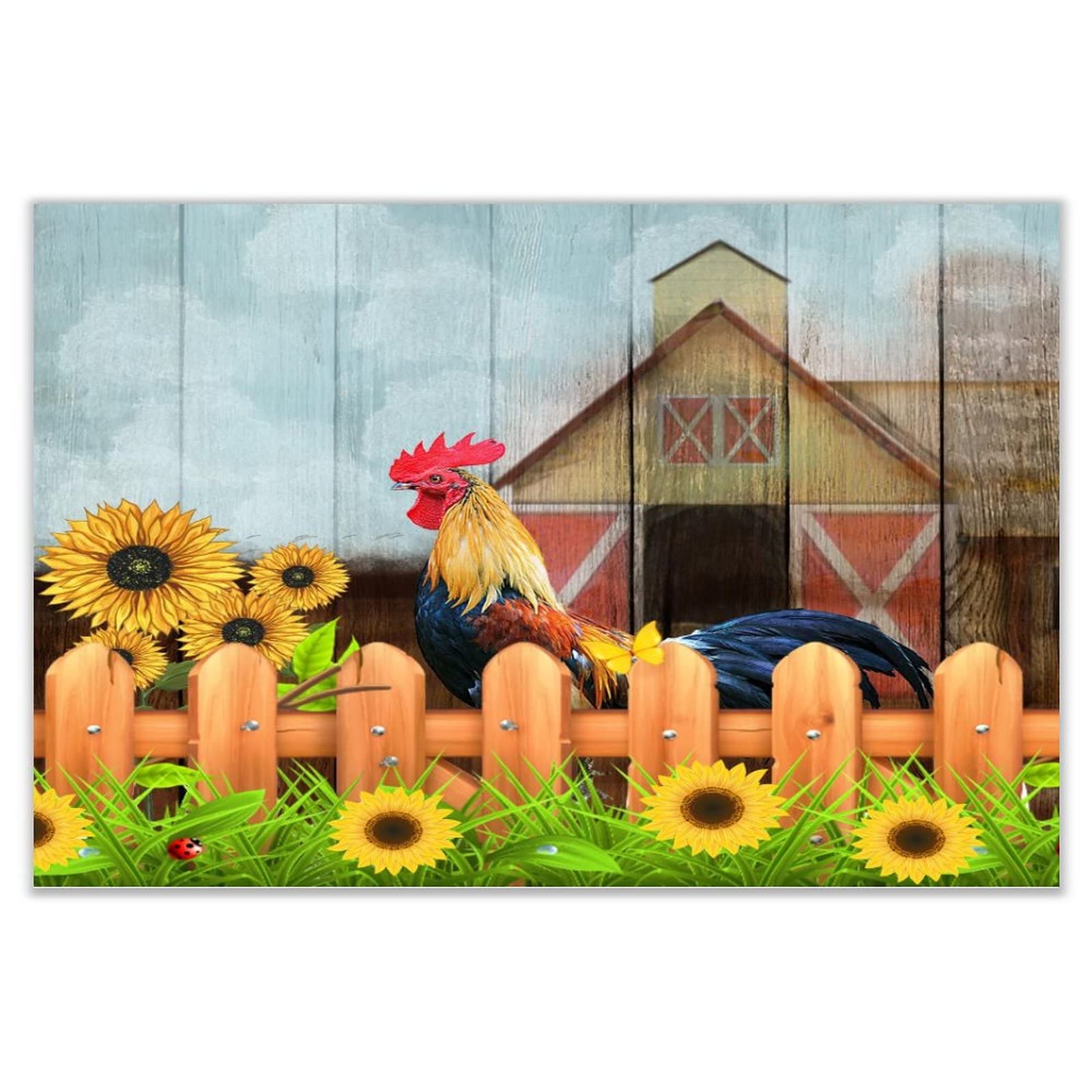 Rooster Barnyard Cockerel Design Sunflower Barn Country Wall Décor Signs Inspirational Wood Sign Cute Rooster Countryside Printed Wall Art Wood Plaque Sign Home Decor for House Cottage 18x12 Inch