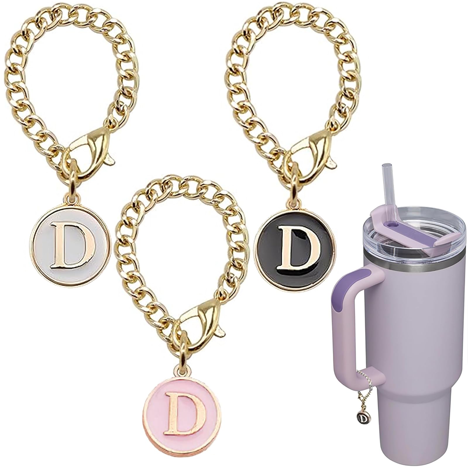 Ekarley Letter Charm Accessories for Stanley Cup, 3Pcs Initial Chain Water Bottle Handle Name Id Charm for Tumbler Cups-D