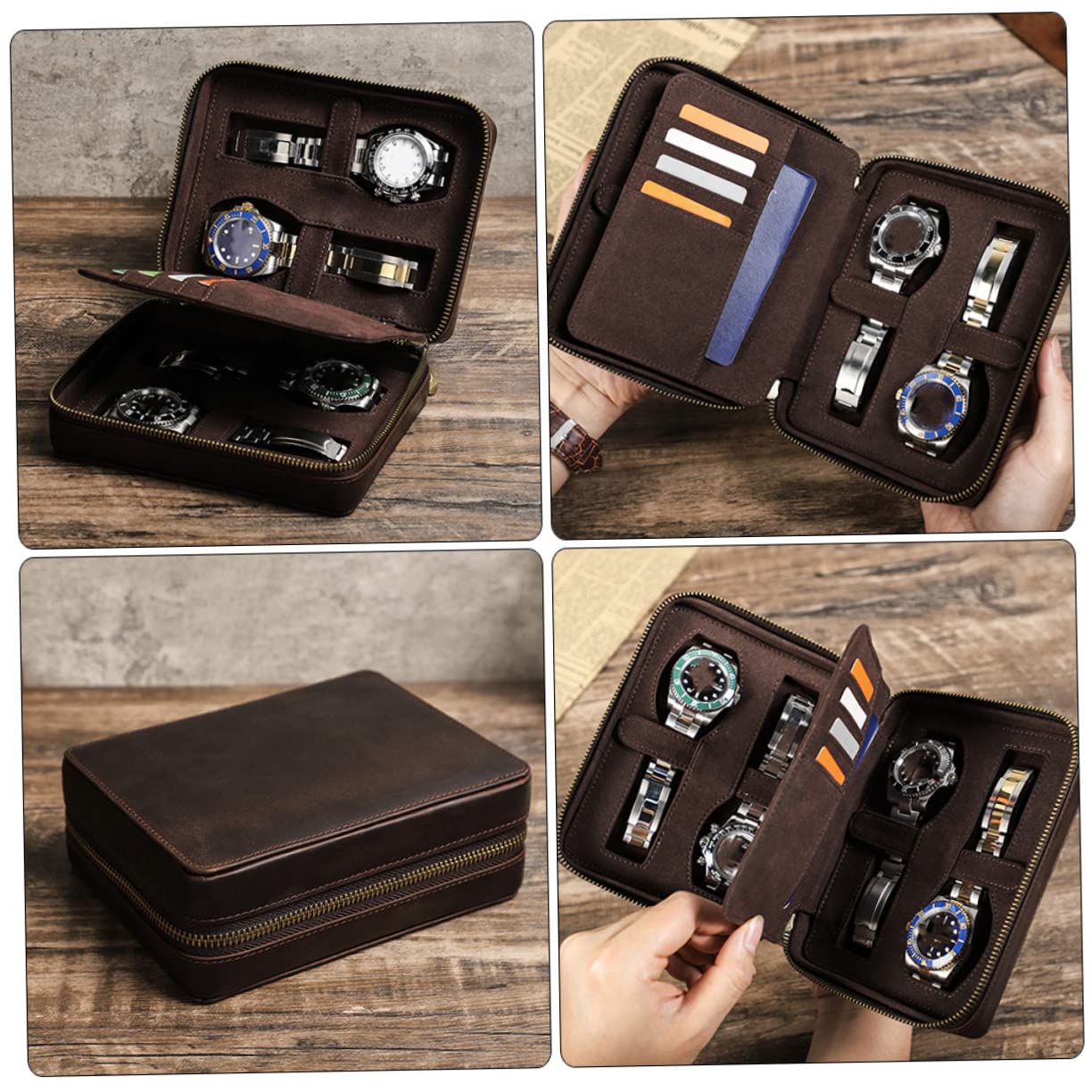 PACKOVE Estuche de Cuero para Reloj Vintage 4 Ranuras y Cremallera | Viaje y Almacenamiento, Tono Café, Compartimentos en Ambos Lados, Adecuado para Boda o Cumpleaños