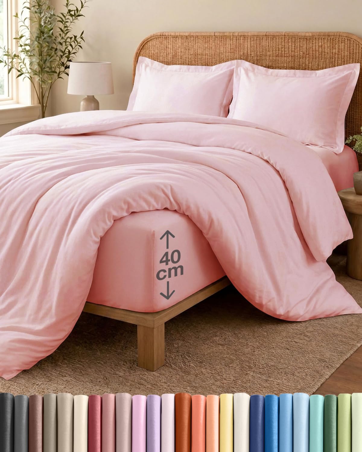4 Piece King Size Light Pink Duvet Cover Set - Duvet Cover & Fitted Sheet, 2 Pillowcases - 230x220cm + 150x200cm 40cm / 16" - Microfibre - Soft, Wrinkle & Fade Resistant - OEKO-TEX Certified