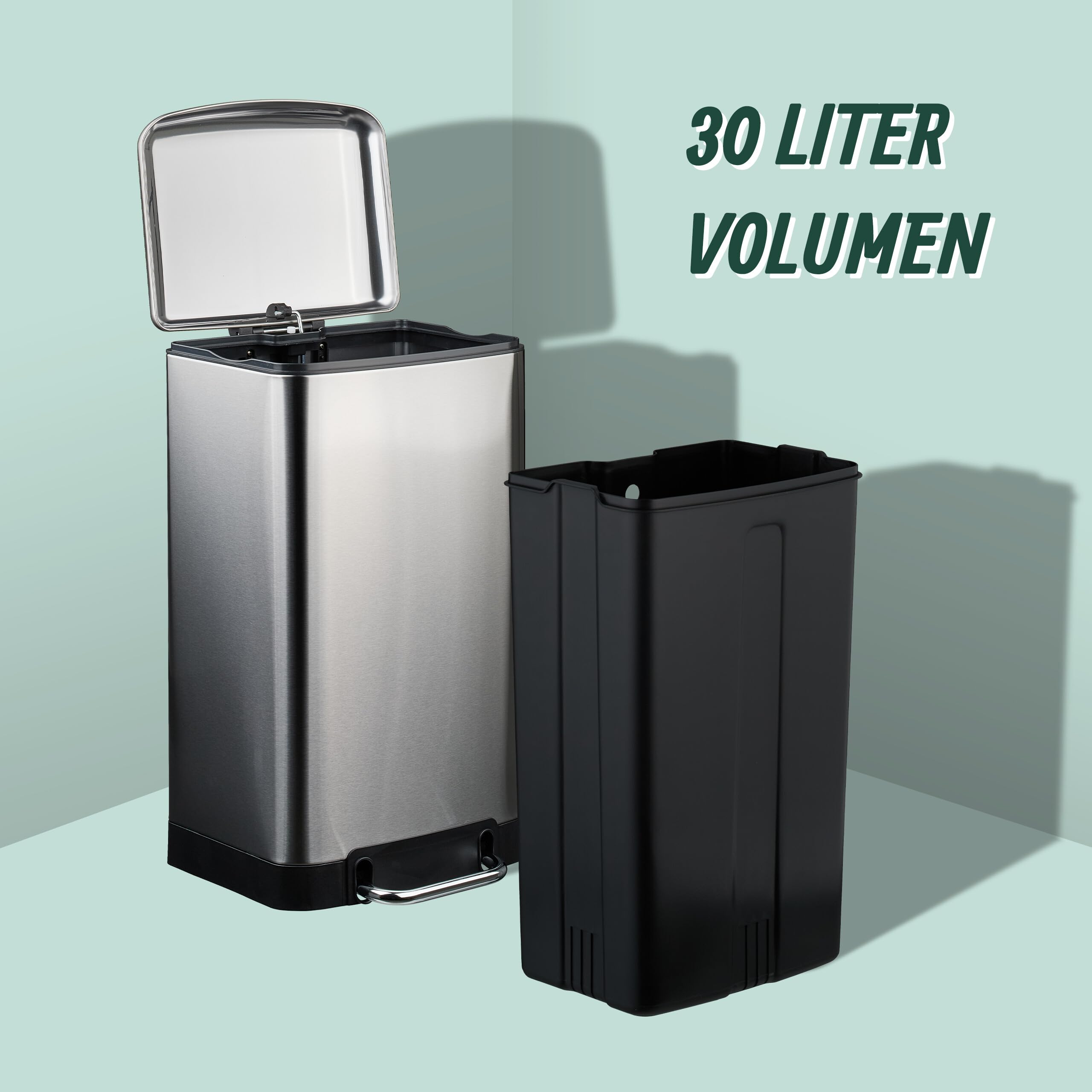 Relaxdays Mülleimer Küche, 30 L, Fingerabdruckschutz, entnehmbarer Inneneimer, Müllbeutel, Edelstahl Treteimer, silber