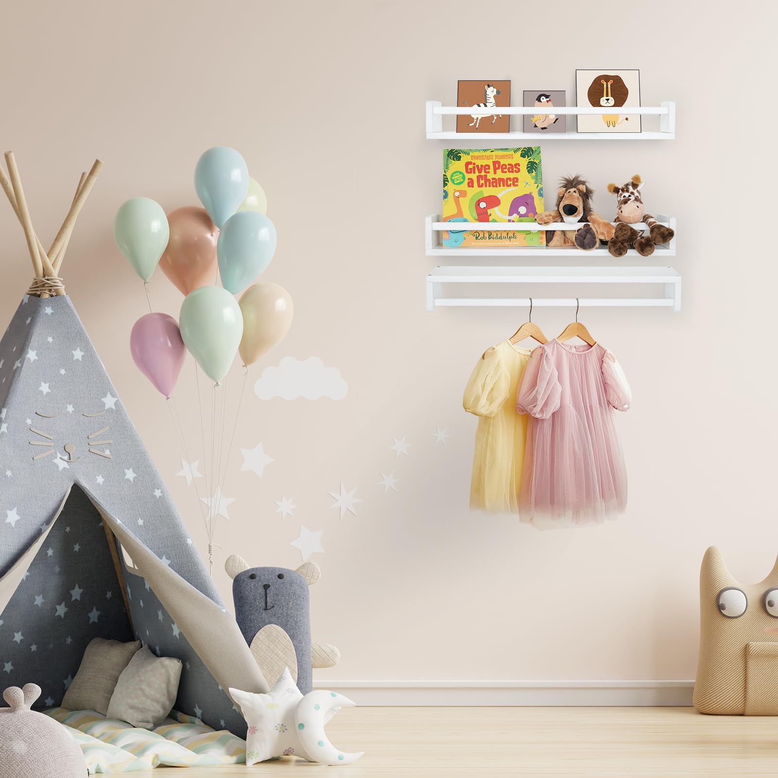 Condition photo showing New/Like New for Floating Book Shelves for Wall, 23.6 inch Natural Wood Nursery Shelves for Book Storage, Solid Pine Wooden Floating Bookshelf for Bedroom Living Room, Set of 3, White