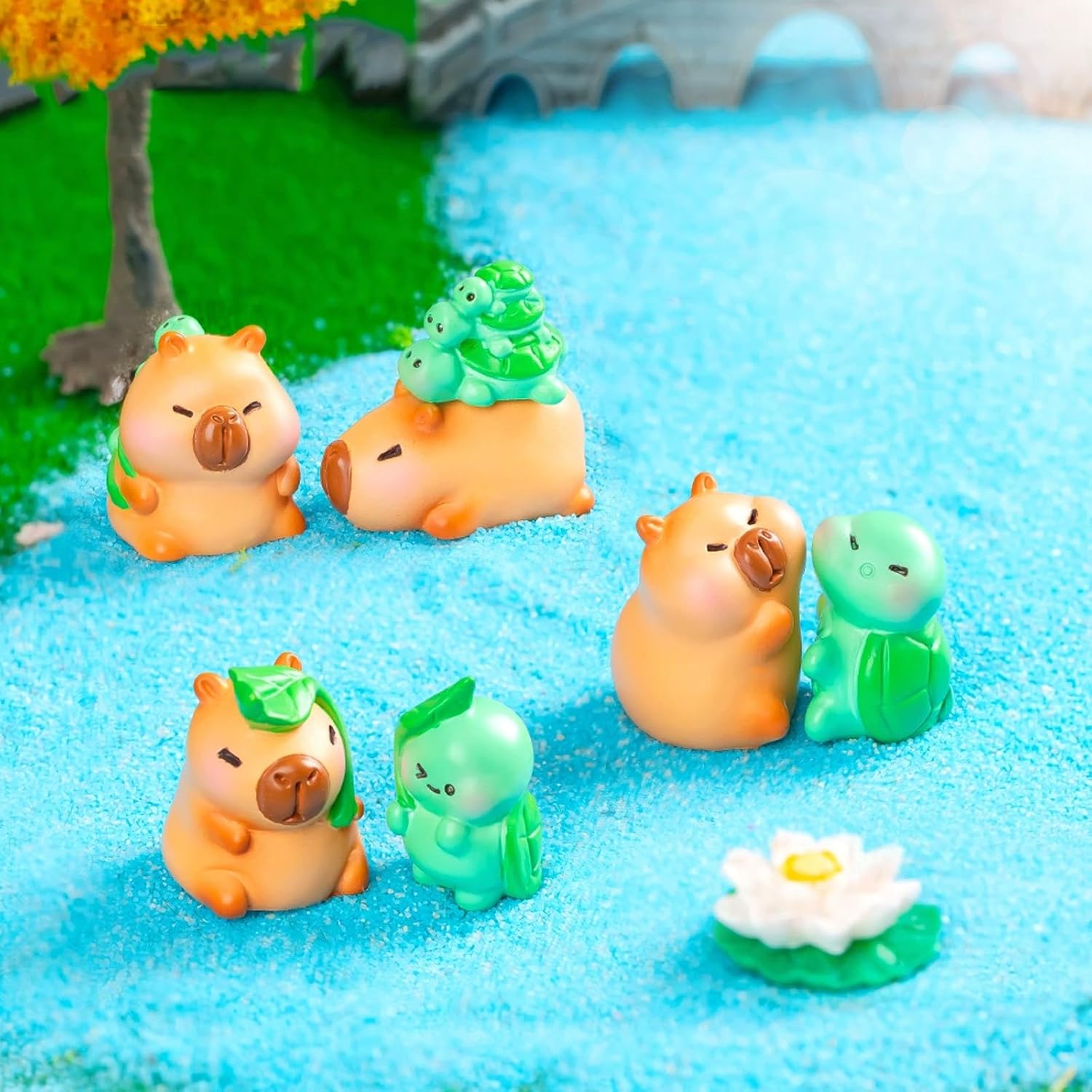 HOMICO Mini Capybara Figurines 7 Pieces Miniature Capybara and Tiny Turtles Resin Animals for Dollhouse Car Dashboard Fairy Garden Capybara Birthday Decorations