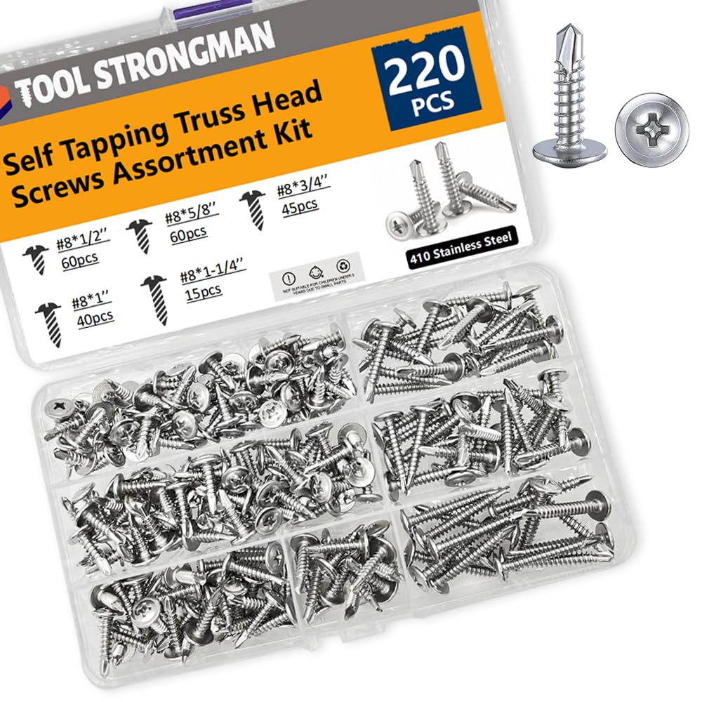 220 Pcs 410 Stainless Steel #8 Self Drilling Screws Sheet Metal Tek Screws Assortment Kit, Modified Truss Head Self Driller - Size: #8 x 1/2'' - 1-1/4'', Silvery