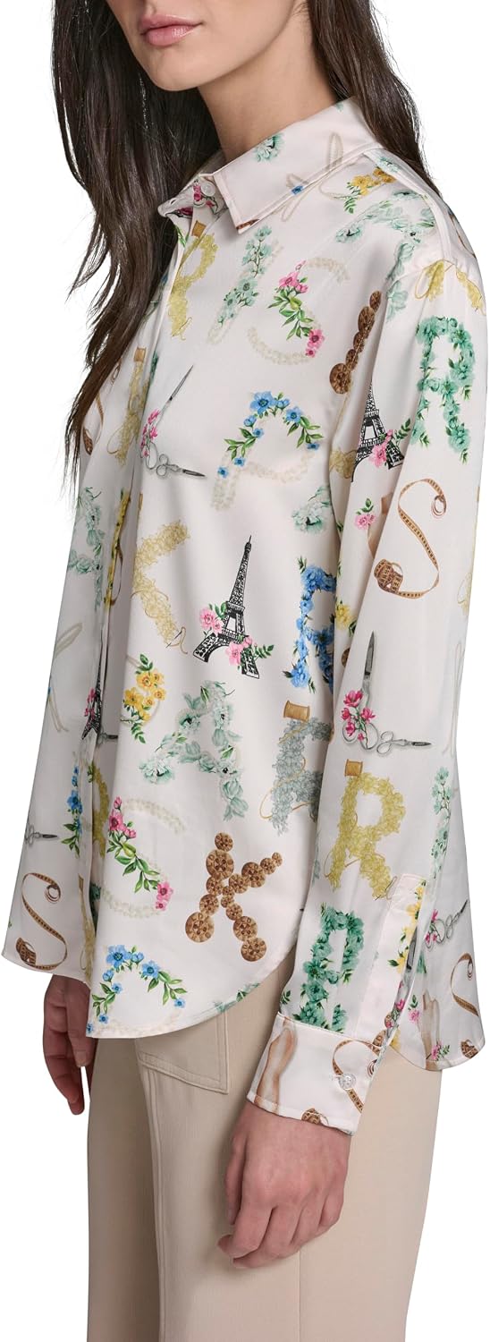 Karl Lagerfeld Women's Long Sleeve Collar Button Down All Over Print Oversized Blouse