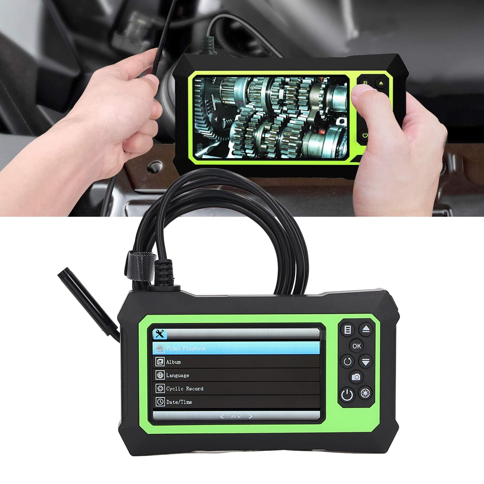 Endoskop Boroskop Endoskop IP67, Boroskop Wodoodporna Kamera Kanalizacyjna Obiektyw 8 Mm Ekran LCD 4,3 Cala Przemysłowa Kamera Endoskopowa do Inspekcji 1080P (GREEN)