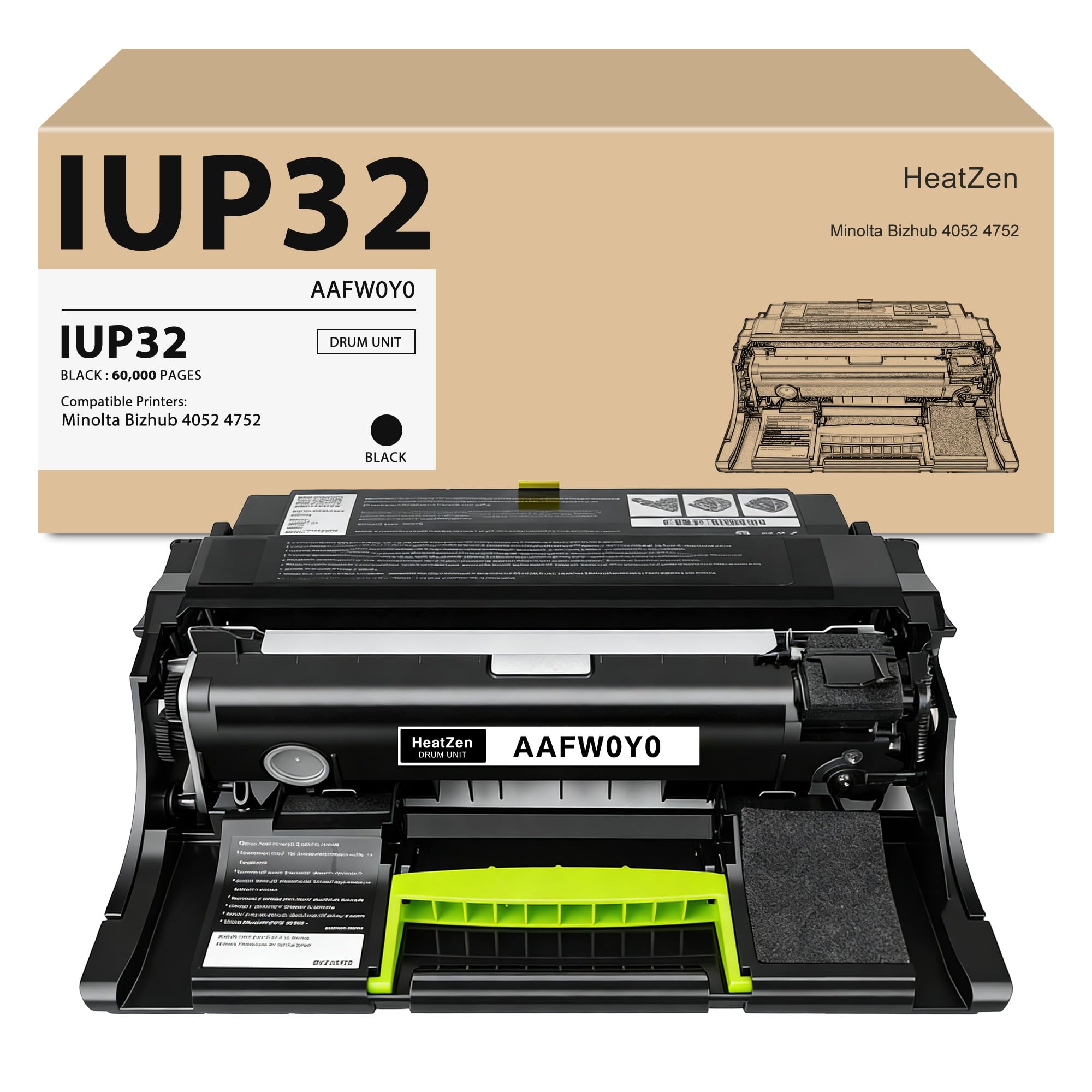 Photo 1 of HeatZen IUP32 IUP-32 Drum Unit Replacement for Konica Minolta IUP32 IUP-32 AAFW0Y0 Drum for Bizhub 4052 4752 Printers (Black, 60,000 Pages)