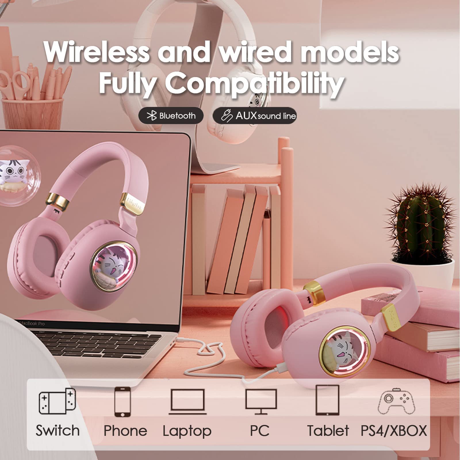 Bluetooth Kopfhörer Kinder Wired mit Mikrofon für Schule Wireless Jungen Mädchen Noise Cancelling auf Ohr Bluetooth Headphones Kinder Headsets für iPad Kindle Handy PC Tablet Flugzeug Reise Beige