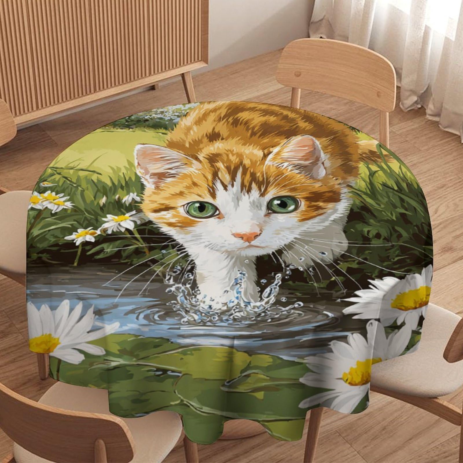 LUYYSKY Classic Abstract Cute Cat Waterproof Round Tablecloth Retro Oil Painting Botanical Daisies Floral Animal Kitten Pattern Washable Table Cover for Kitchen-177.8" Wx177.8 L cm